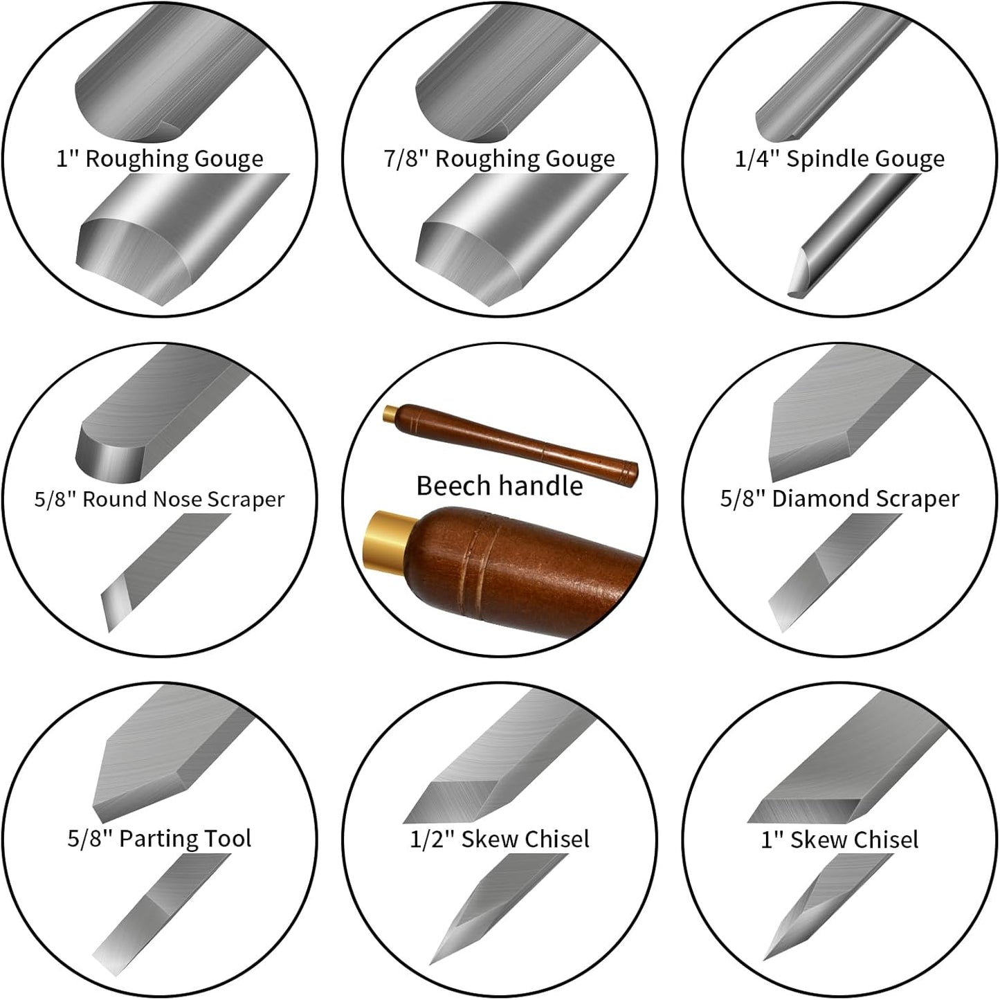 8pcs HSS Wood Turning Tools Lathe Chisel kit with Beech handle