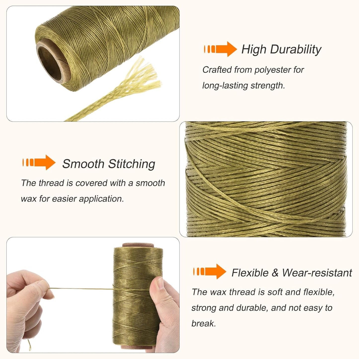 MECCANIXITY Waxed Thread,284 Yard 0.8mm 150D Flat Wax Thread Polyester Waxed String for Leather Sewing Hand Weaving Book Binding Home Decoration,Deep Khaki