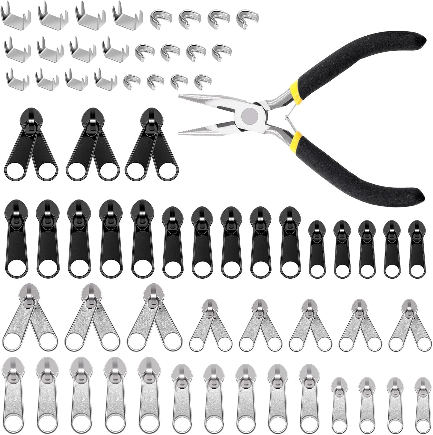 Glarks 85pcs #3#5#8 Zipper Repair Kits Includes 39pcs Metal Zipper 30pcs U Shape Top Stops 15pcs Bottom Stoppers with 1pcs Sharp-Nosed Pliers, Zipper Sliders Zipper Pull Replacement Zip Fixer Part