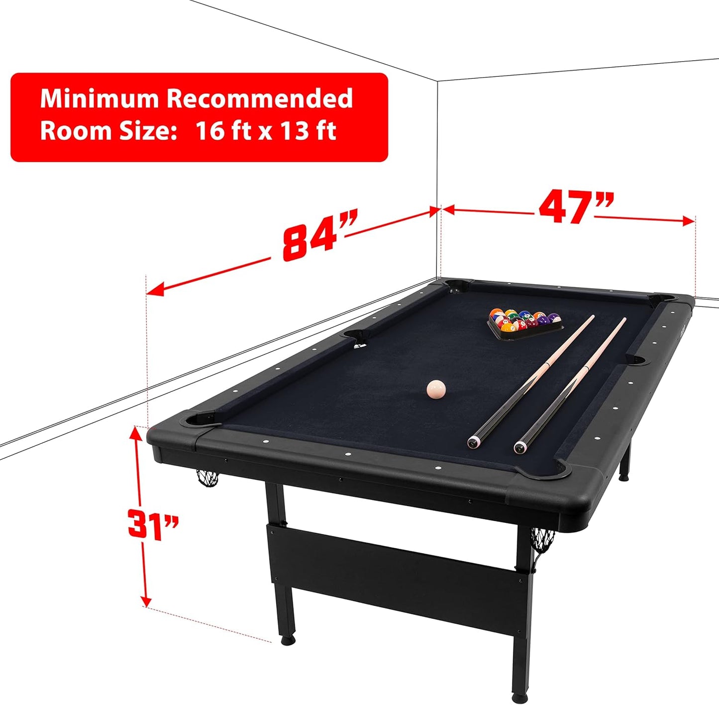 GoSports 6, 7, or 8 ft Billiards Tables - No Assembly, Choose Your Color - Portable Pool Table Includes Full Set of Balls, 2 Cue Sticks, Chalk and Felt Brush