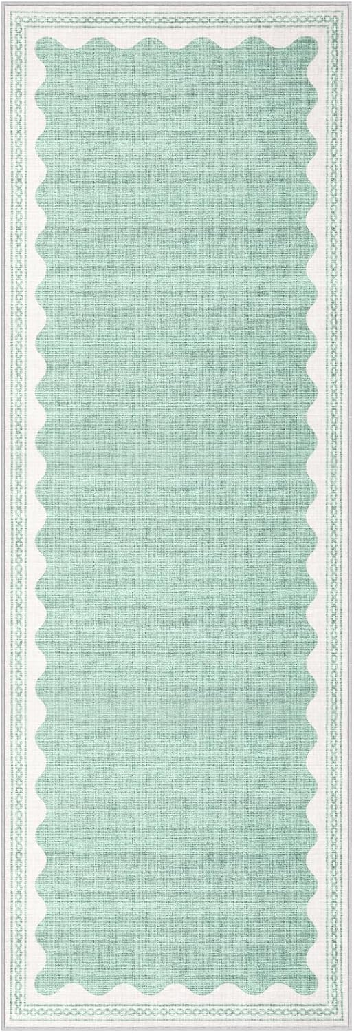 Scalloped Rug 2x6 Runners for Hallways, Solid Green Runner Rug Non Slip Scalloped Bath Runner, Washable Rugs for Bedroom Girls, Rugs for Kitchen Floor Soft Dorm Nursery Carpet for Bedside