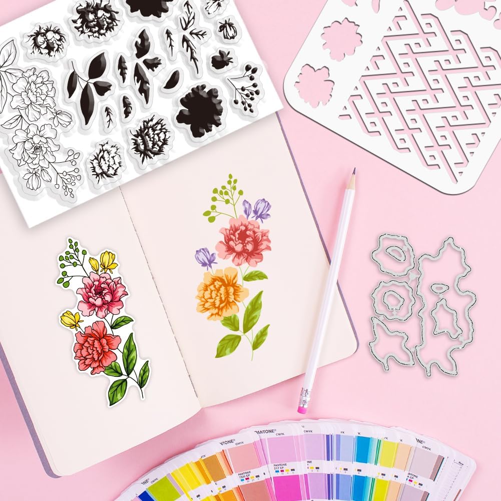 ORIGACH Realistic Flower Layering Stencil Stamp and Die Set for Card Making, Silicone Stamps Metal Die Cut and Stencil Template for Card Making Scrapbooking DIY Crafting