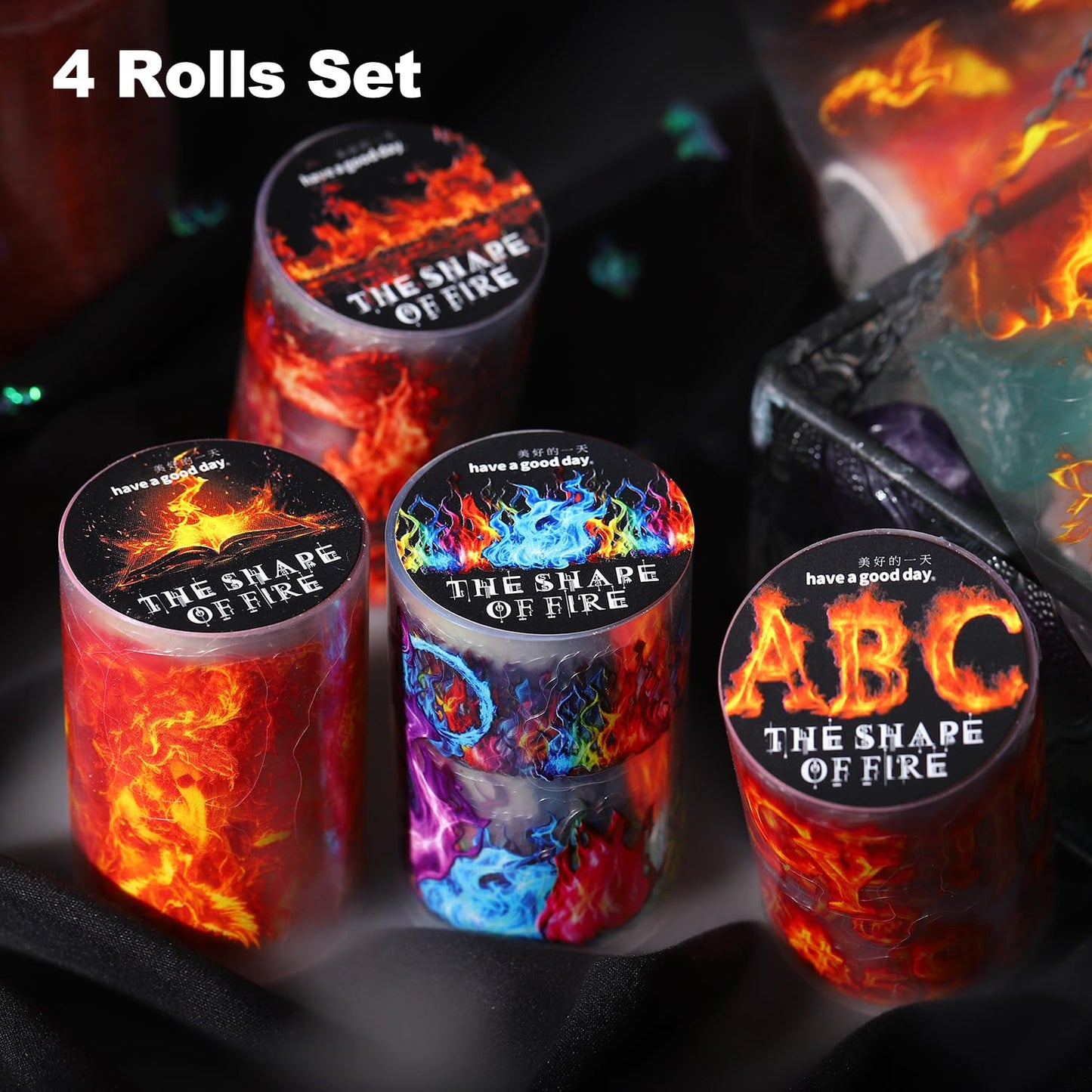 4 Rolls Fire-Themed PET Tape Set, Waterproof Pre-Cut Stickers for Journaling, Scrapbooking, DIY Crafts, Phone Case Decoration, with Decorative Clip
