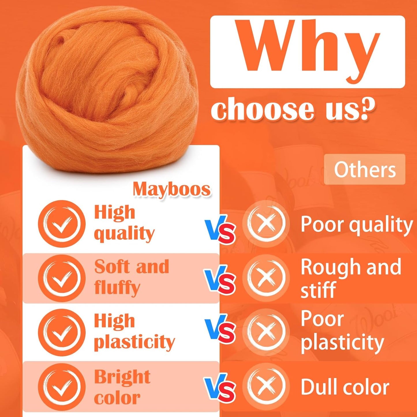 Mayboos Wool Roving Yarn, 1.76oz Colored Natural Wool Roving,Wool Felting Supplies Pure Wool Chunky Yarn for Wet Felting handcrafts and Spinning (Orange Color)