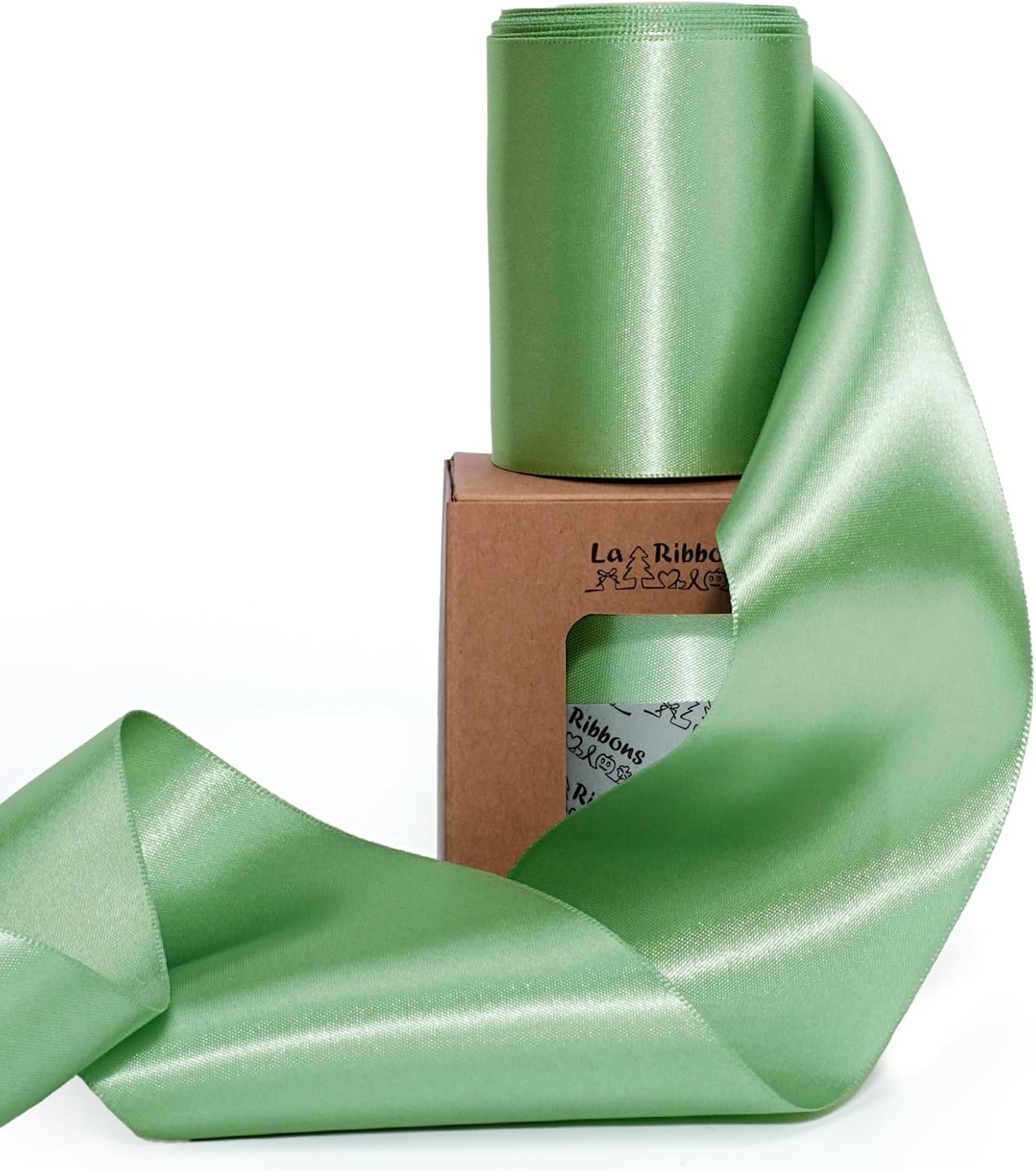 LaRibbons Sage Green Satin Ribbon 3 Inch 10 Yards Double Faced Luxury Light Green Silk Ribbon for Gift Wrapping Flower Bouquets Bow Christmas Wedding Party Decoration