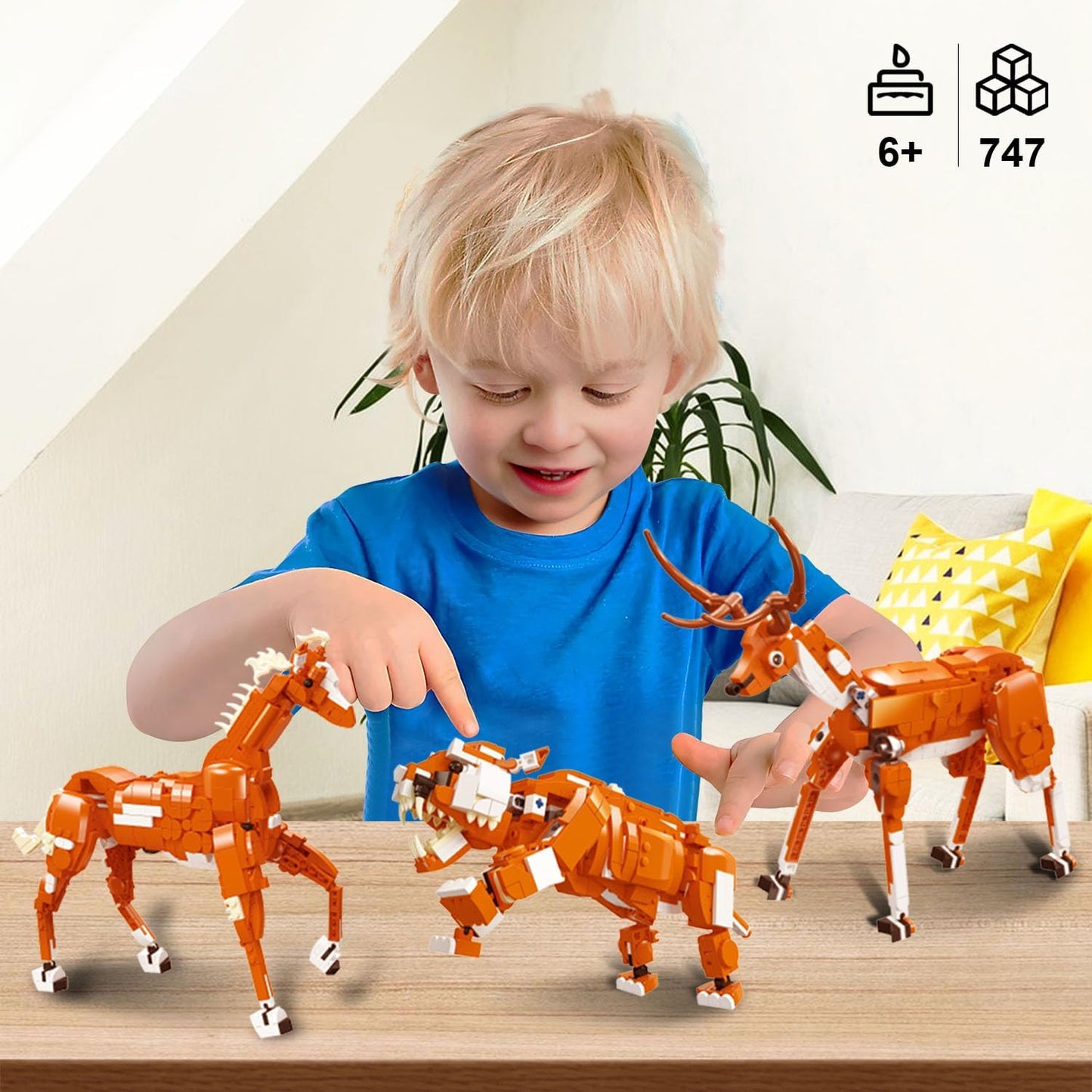 Creator 3 in 1 Building Set, Rebuilds into 3 Different Safari Animal Figures- Tiger/Sika Deer/Horse, Compatible with Lego Sets for Boys 6+/8-14 (747pcs)