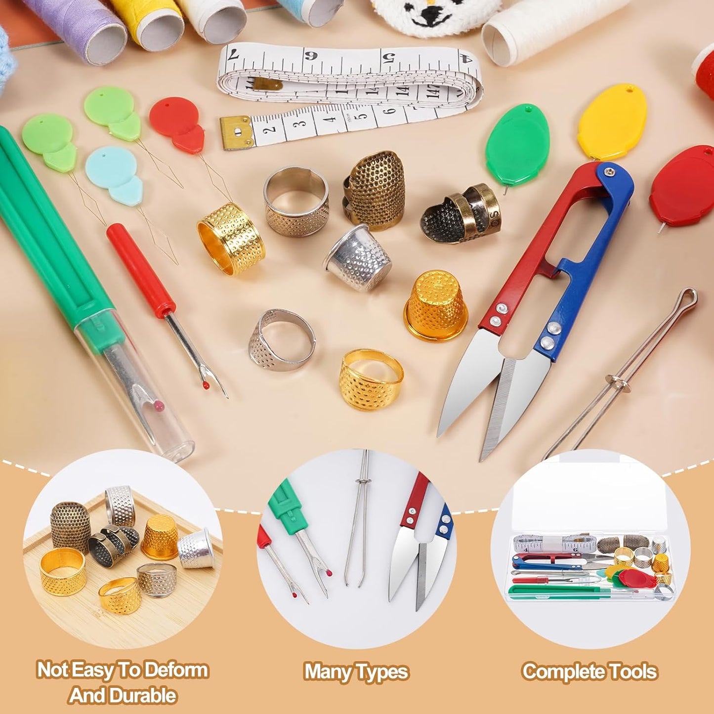 CousDUoBe Sewing Thimble Kit,thimbles for Hand Sewing，Needle threaders，Seam Rippers for Sewing，Measuring Tape and Thread Snips, Hand Embroidery Craft（Complete Sewing Kit）