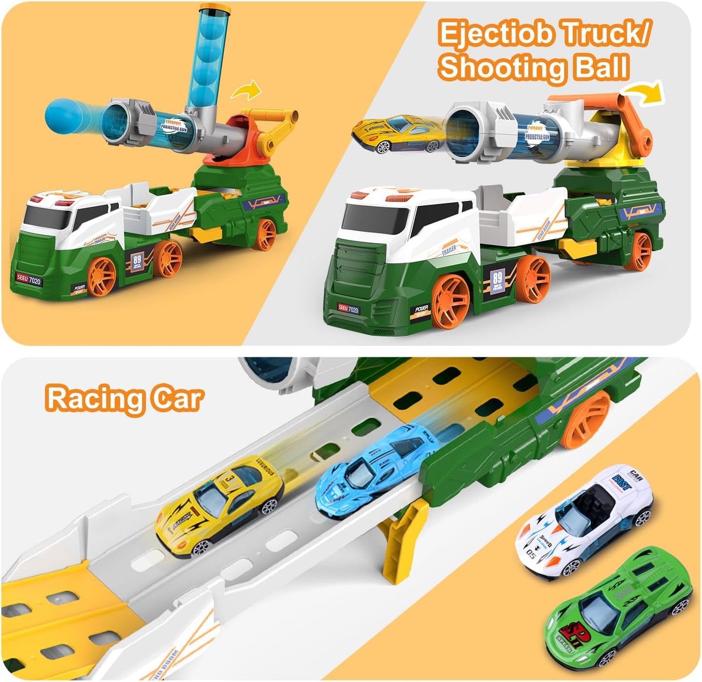 Dwi Dowellin Truck Toys for Kids, 28" Large Car Toys Include 4 Racing Cars+6 Ball, with Light & Sounds, Eejection&Shooting Transport Cars Toy, Gifts for Boys Girls-Green