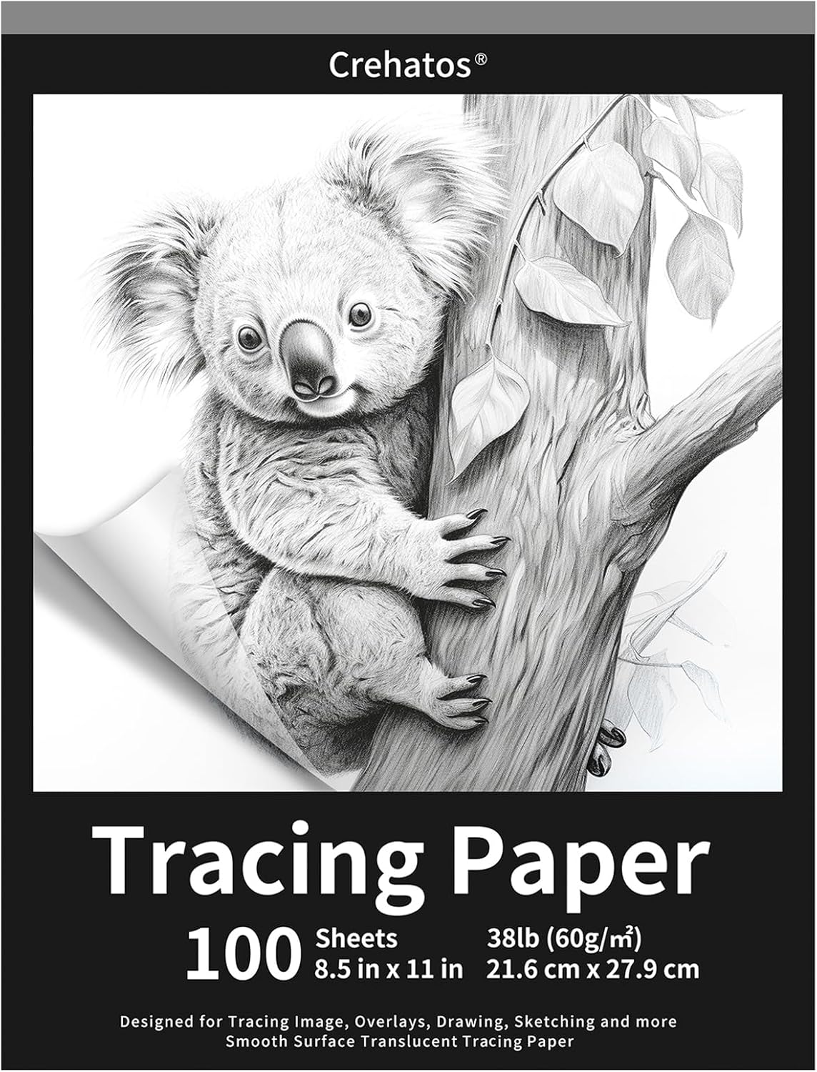 Crehatos 8.5" x 11" Tracing Paper, Translucent Tracing Pad, 100 Sheets 38lb/60gsm Vellum Art Paper