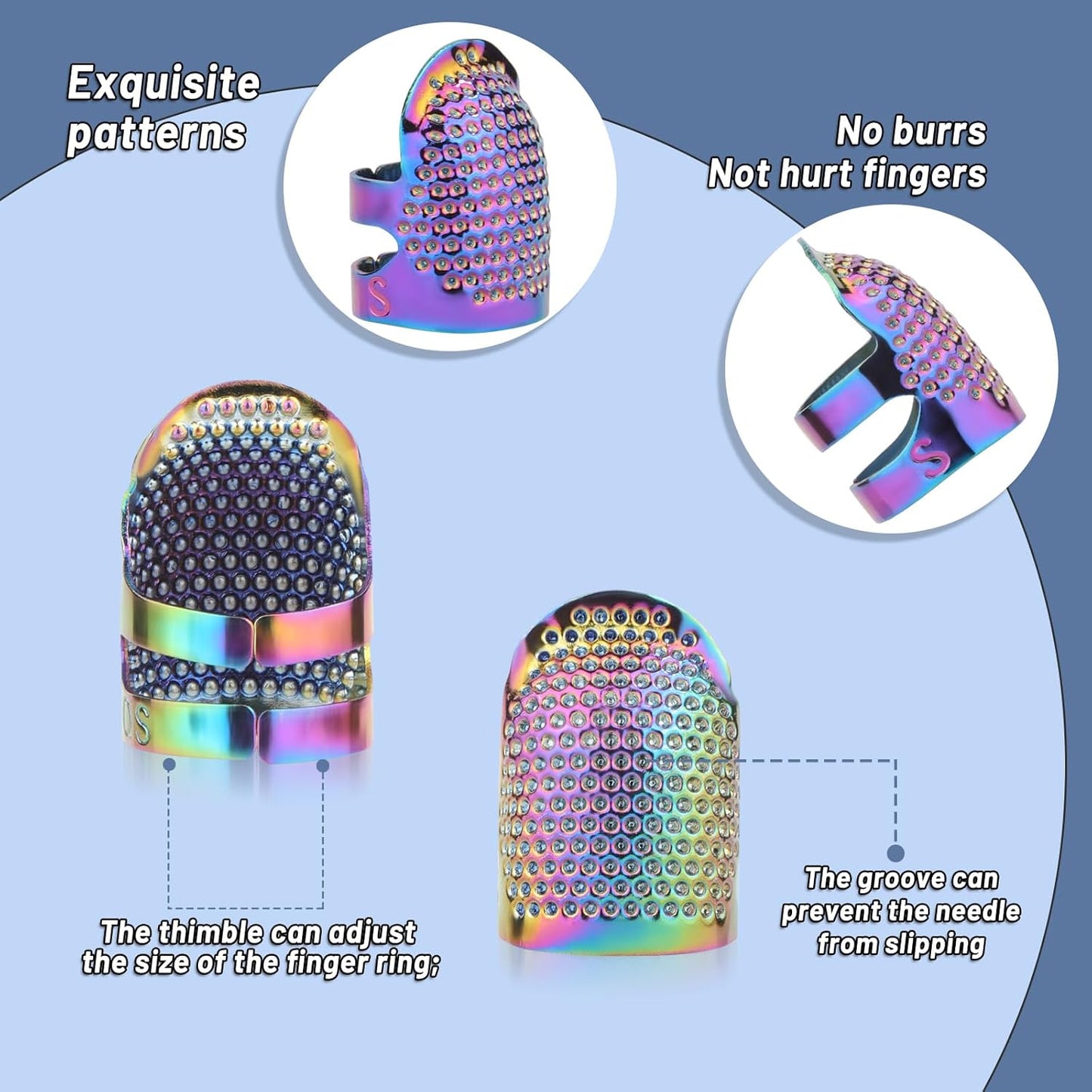 8 Pcs Sewing Thimbles, Sewing Thimble Finger Protector, Fingertip Thimble Metal Dazzle Color Adjustable Metal Sewing Thimble Rings, Sewing Quilting Craft Accessories DIY Sewing Tools (2 Sizes, S/M)