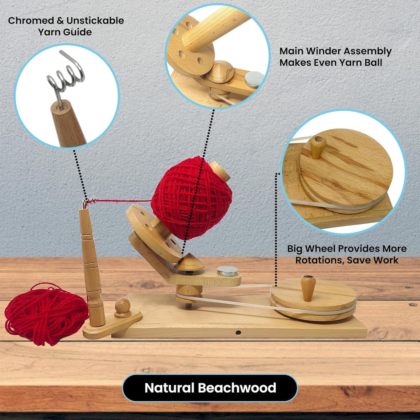 Yarn Winder – Large Handcrafted Wooden Ball Winder for Knitting, Crocheting & Weaving – Heavy-Duty Natural Beachwood Yarn Winder for 8-12 oz Yarn Cakes