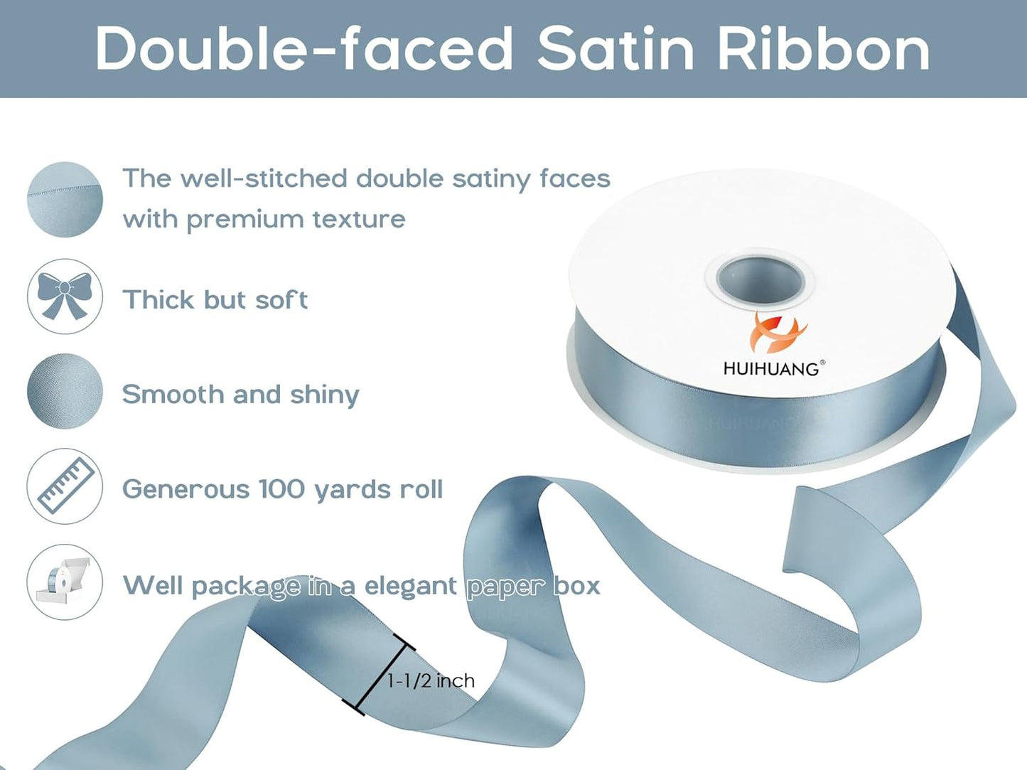 HUIHUANG Blue Satin Ribbon 1-1/2 inch x 100 Yards Dusty Blue Double-Faced Satin Ribbon for Flower Bouquet, Gift Wrapping, Eternal Roses, DIY Crafts, Bridal Shower Wedding Decor