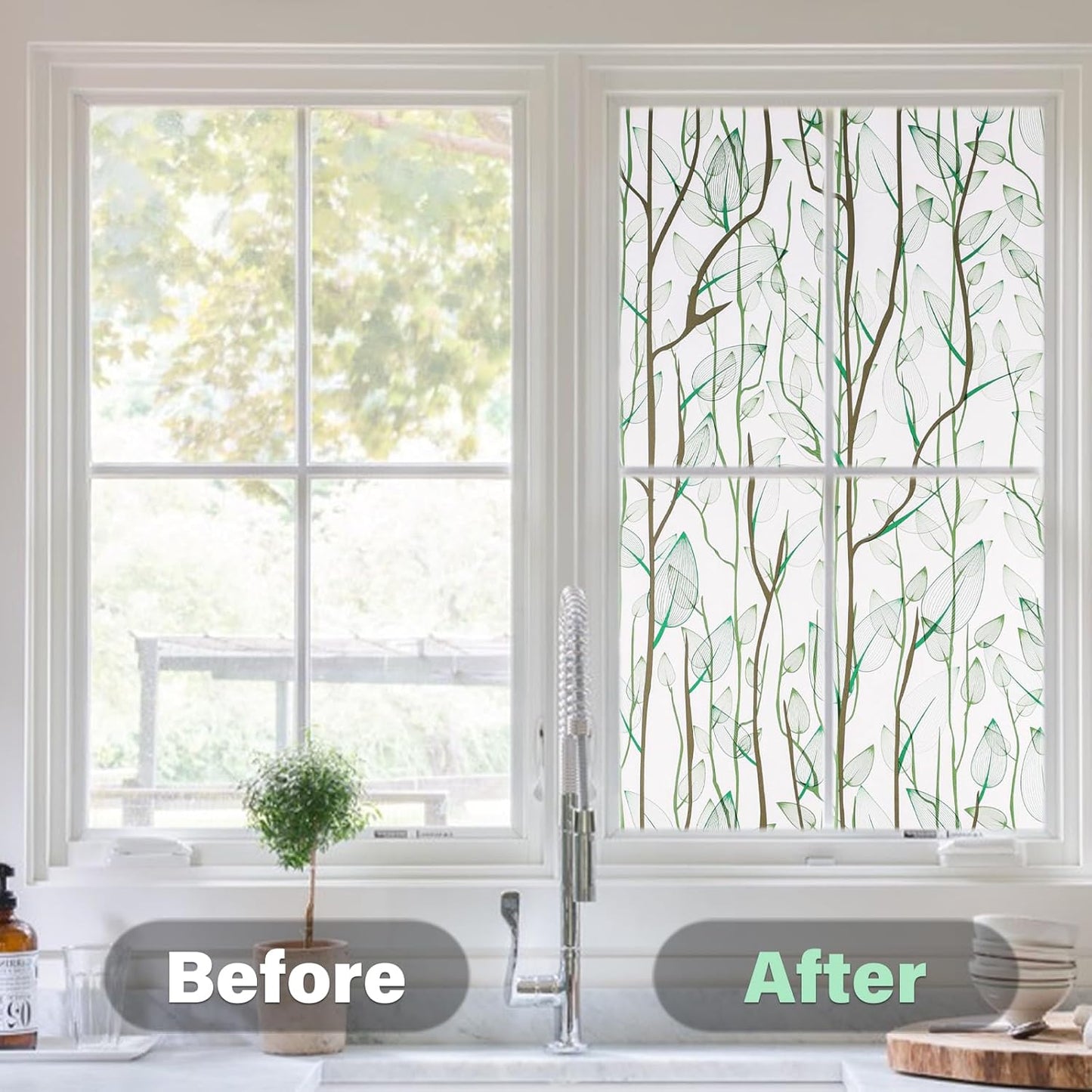 Donox Frosted Glass Window Film Heat Control UV Blocking, Static Cling Reusable Home Bathroom Door Window Privacy Film, Green Leaf Pattern Window Covering with Installation Tool, 35.4 in x 6.5 feet