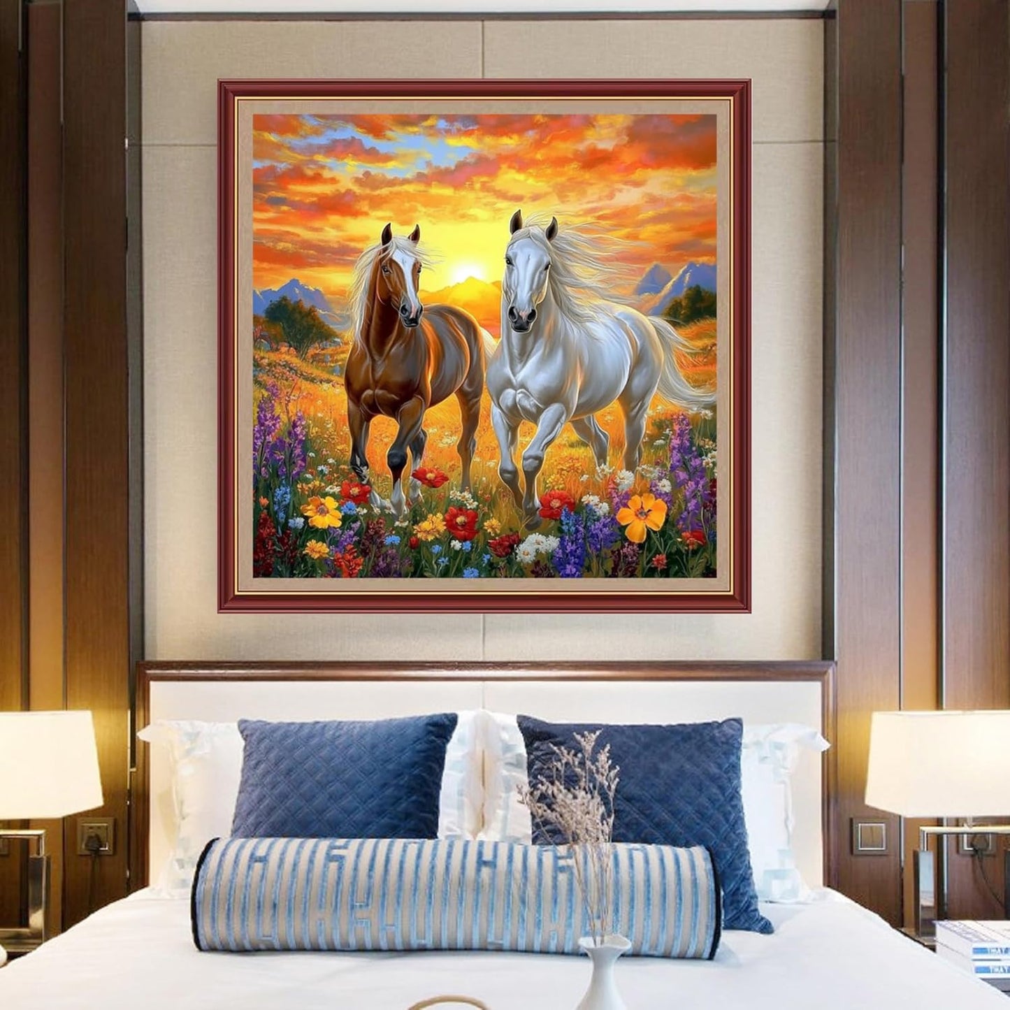 DMCXART Counted Cross Stitch Kits for Adults Needlepoint Kits Unprinted Cross Stitching Embroidery Kit 11CT Cross Stitch Supplies-Sunrise, Horse, Flower 18x18 inch