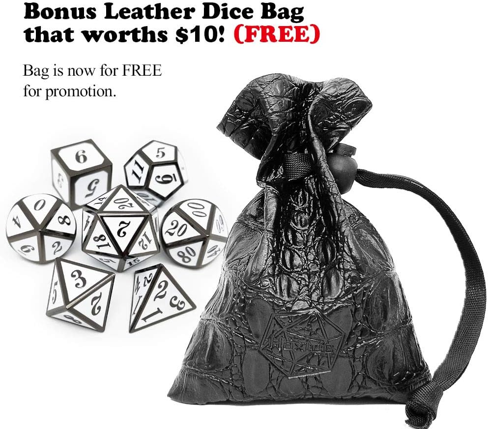 Haxtec 7 Die DND Metal Dice Set D&D 7PCS DND Dice of D20 D12 D10 D8 D6 D4 Compatible with Dungeons and Dragons RPG Games-Glossy Enamel Dice (Black White)