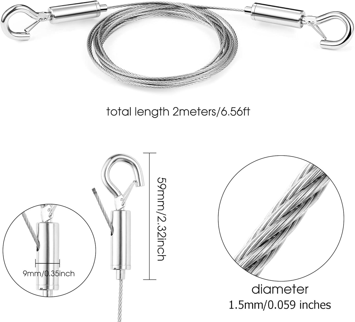 Adjustable Picture Hanging Wire 2PCS Mirror Frame Kit 2m x1.5mm Heavy Duty Stainless Steel Rope for Mirror Hanging Hardware,Light Lamp,Billboards,Basket Flowerpot Hold Up to 20kg