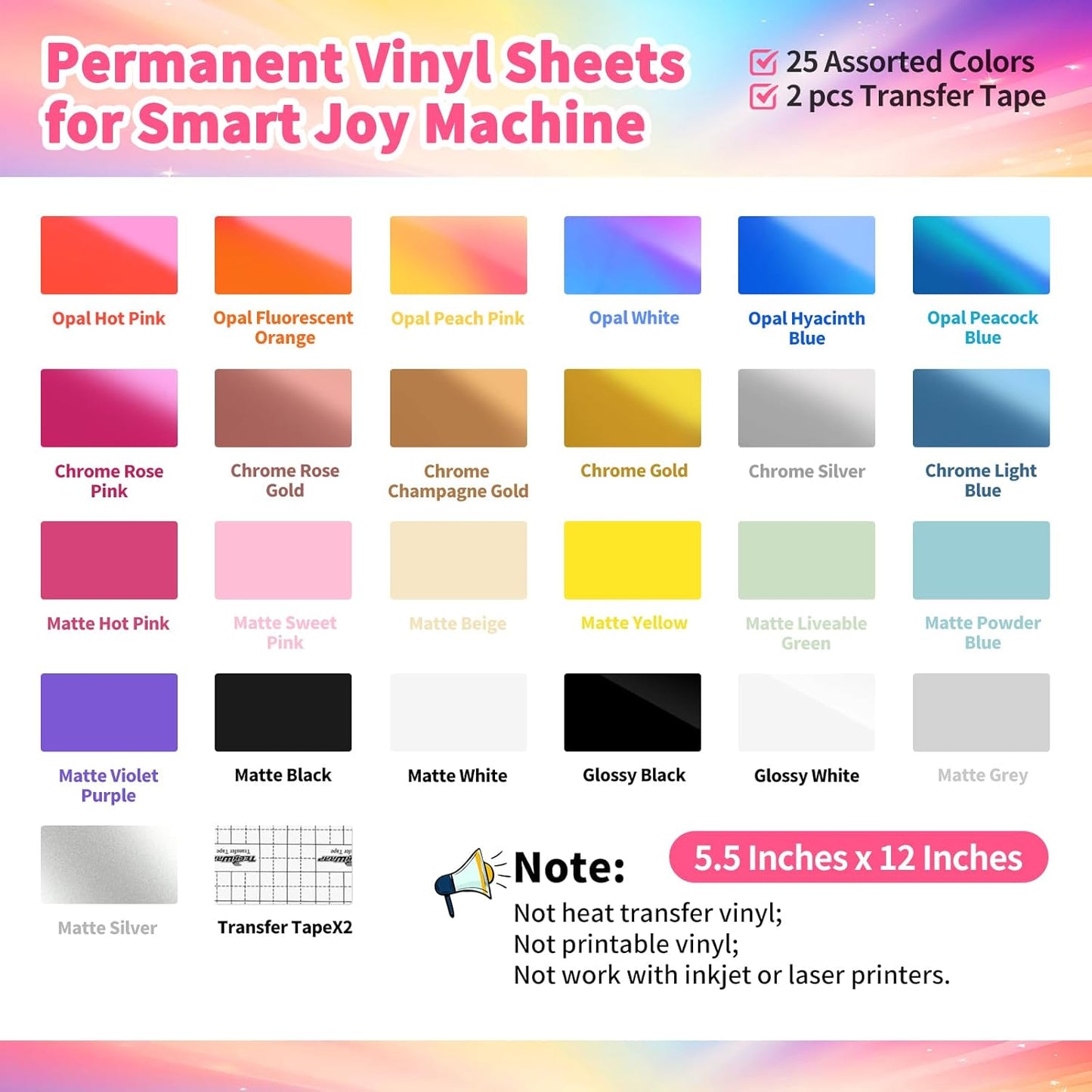 TECKWRAP 5.5"x12" Smart Adhesive Vinyl 25 Colors Holographic Chrome, Matte & Glossy Permanent Vinyl Bundle & 2 PCS Transfer Tape - No Need Cutting Mat- Compatible with Joy Machine for Handcrafts