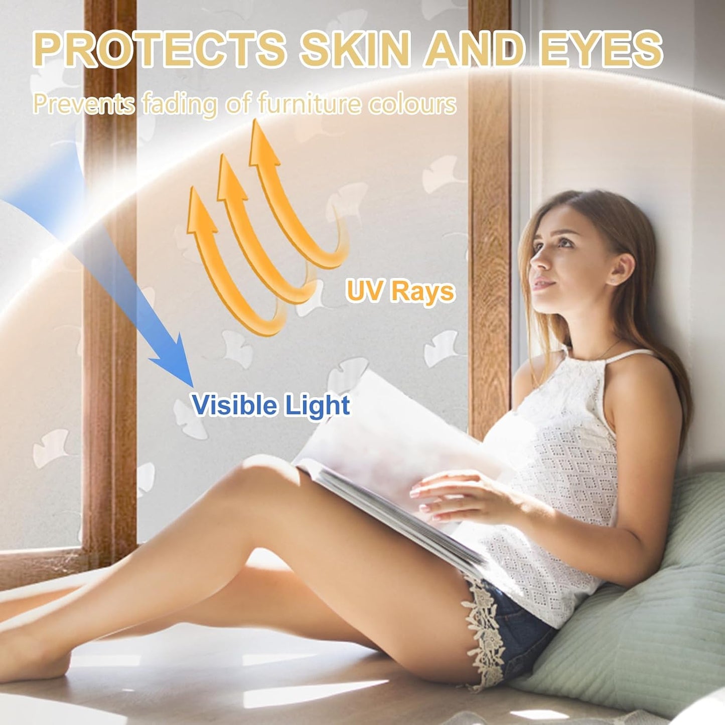 Window Privacy Film Decorative for Front Door, Bathroom Static Cling Stained Glass Sticker Opaque Heat Control UV Blocking Non-Adhesive for Home Window, Acacia