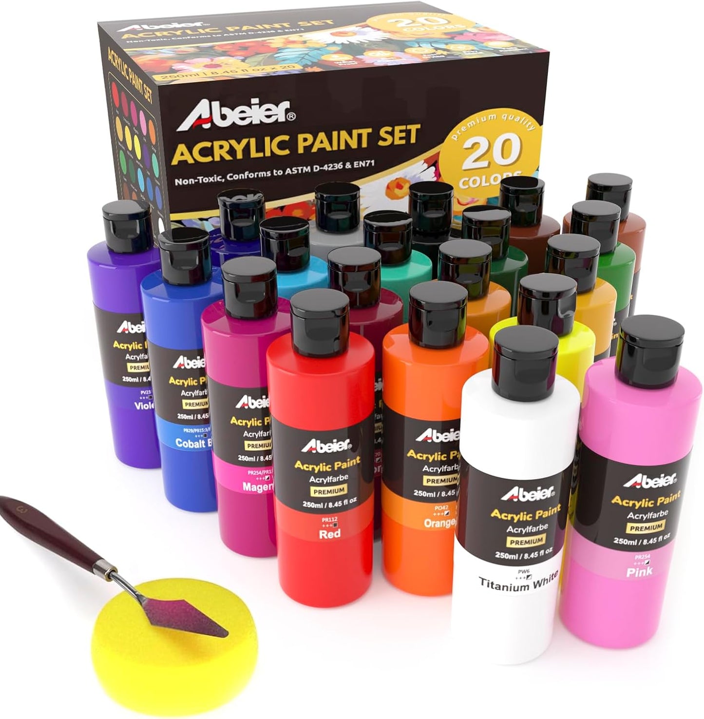 ABEIER Acrylic Paint, 20 Colors (250 ml/8.45oz) Acrylic Paint Bottle Set, Non-Toxic, Rich Pigments Bulk Painting Supplies for Canvas Crafts Wood Ceramic, Ideal for Artists, Beginners and Students
