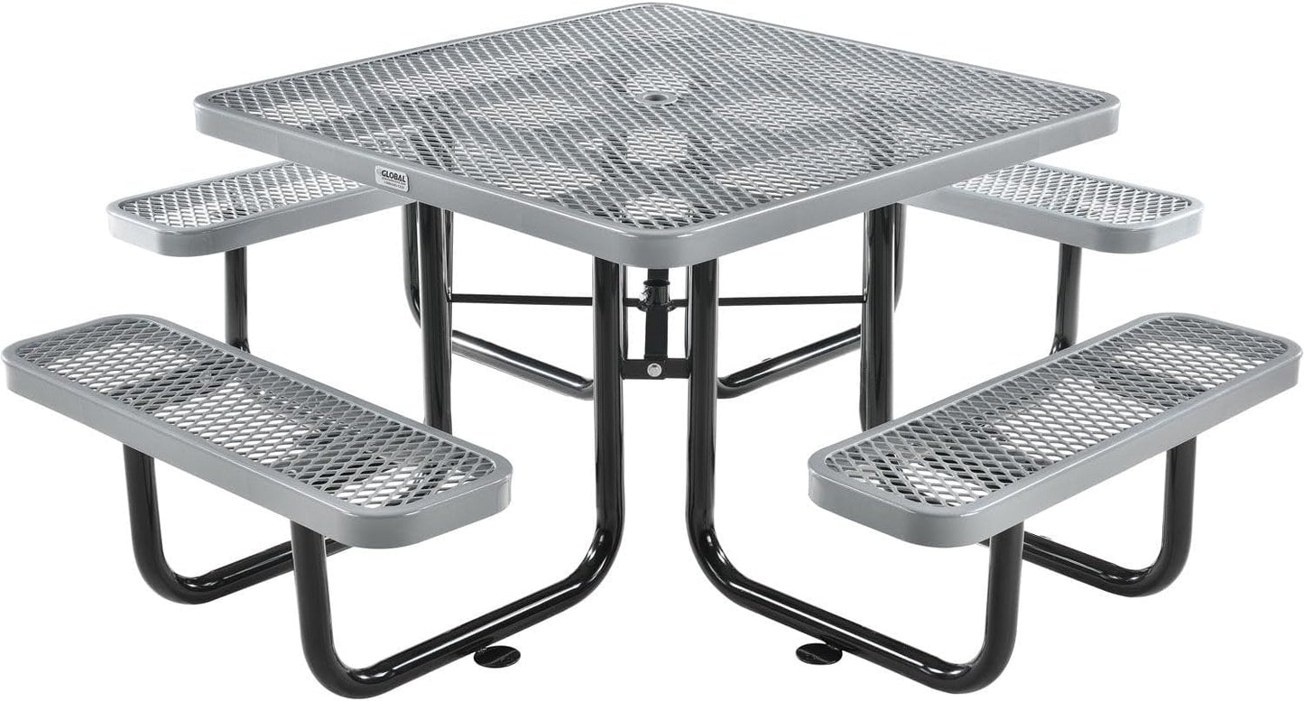 Global Industrial 46" Square Picnic Table, Expanded Metal, Gray Thermoplastic Coating, Attached Benches, 1-1/2” Umbrella Pole Hole, Outdoor-Rated, 1000 lb Capacity