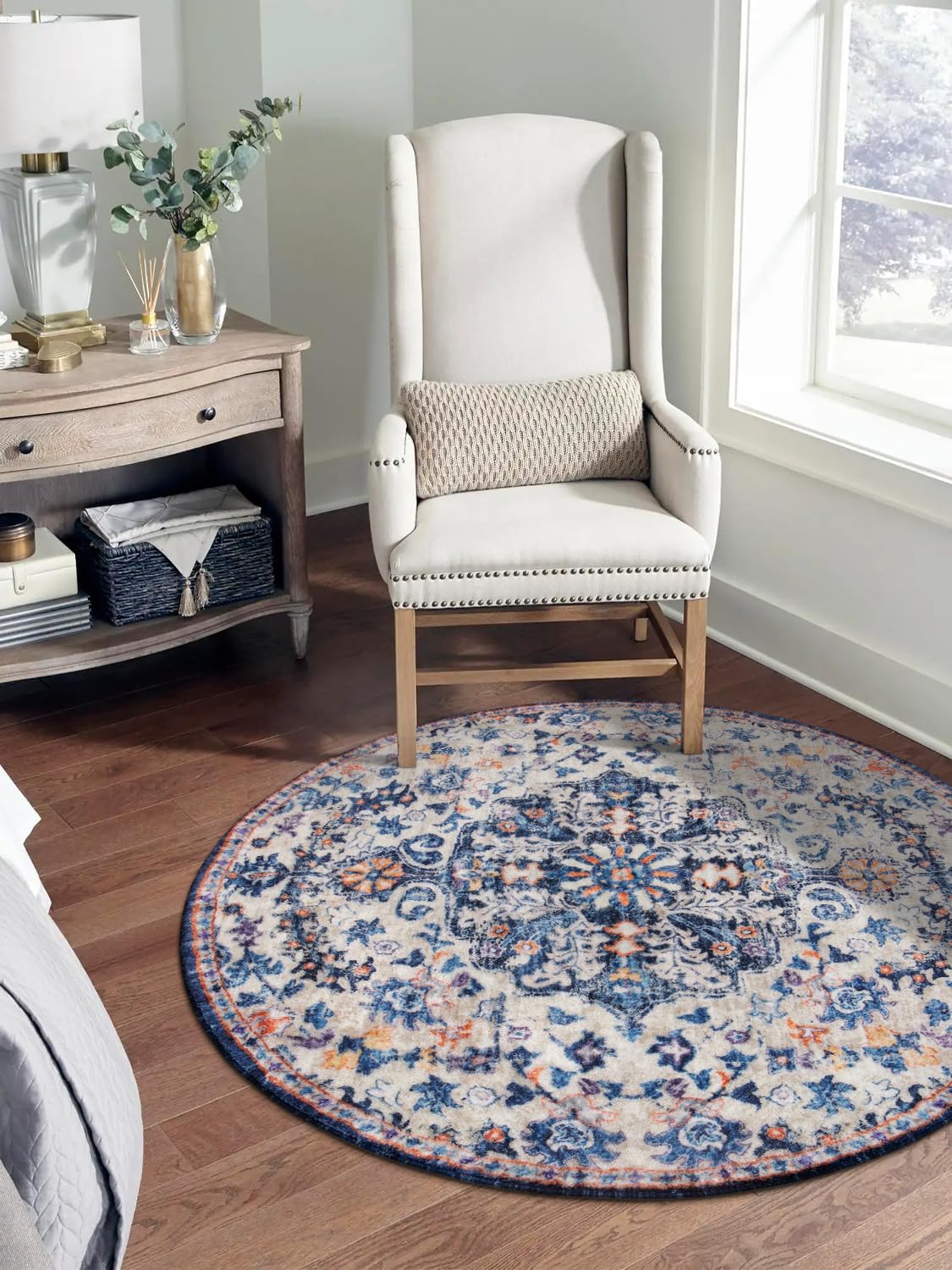 Lahome Bohemian Round Rug 3Ft Small Bedroom Round Area Rug Soft Bathroom Circle Mat, Vintage Machine Washable Non Slip Low Pile Indoor Floor Carpet for Kitchen Laundry Entryway, Blue Purple/Multi