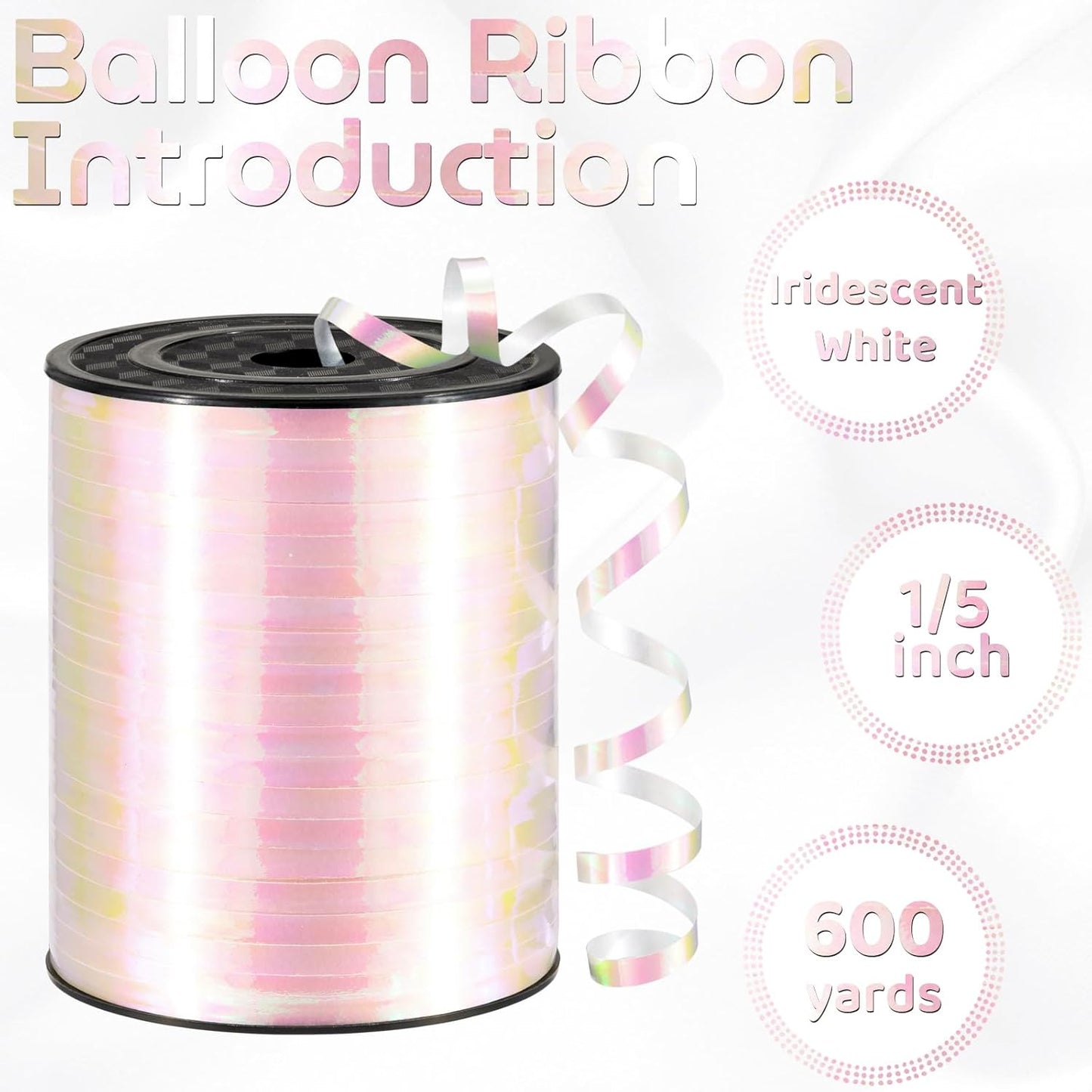 600 Yards Iridescent White Curling Ribbon 1/5 Inch Balloon String White Ribbon for Gift Wrapping, Wedding, Birthday, Art Crafts, Florists, Christmas