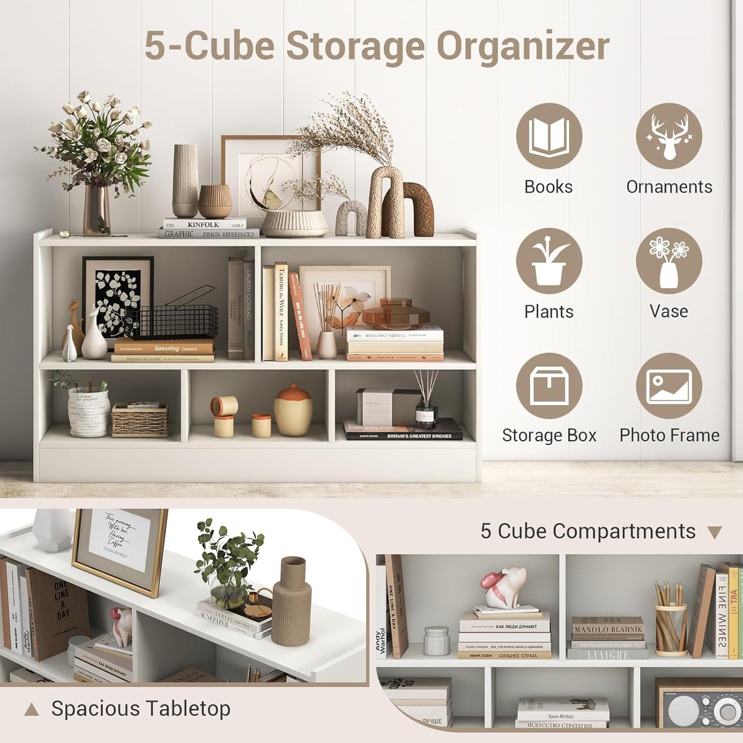 LOKO 2 Tier 5 Cube Bookcase, Open Shelf Storage Cabinet, Wooden Display Cabinet Shelf, Multipurpose Bookshelf for Living Room, Hallway, Home Office, Classroom (White)