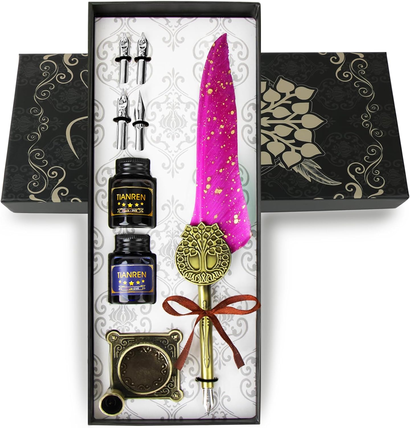 Feather Pen and Ink Set,quill pen ink set,Antique Calligraphy Pen with 4 Replaceable Nibs,2 Bottle of ink,Pen Holder Christmas Gift for Men&Women.(Purple)