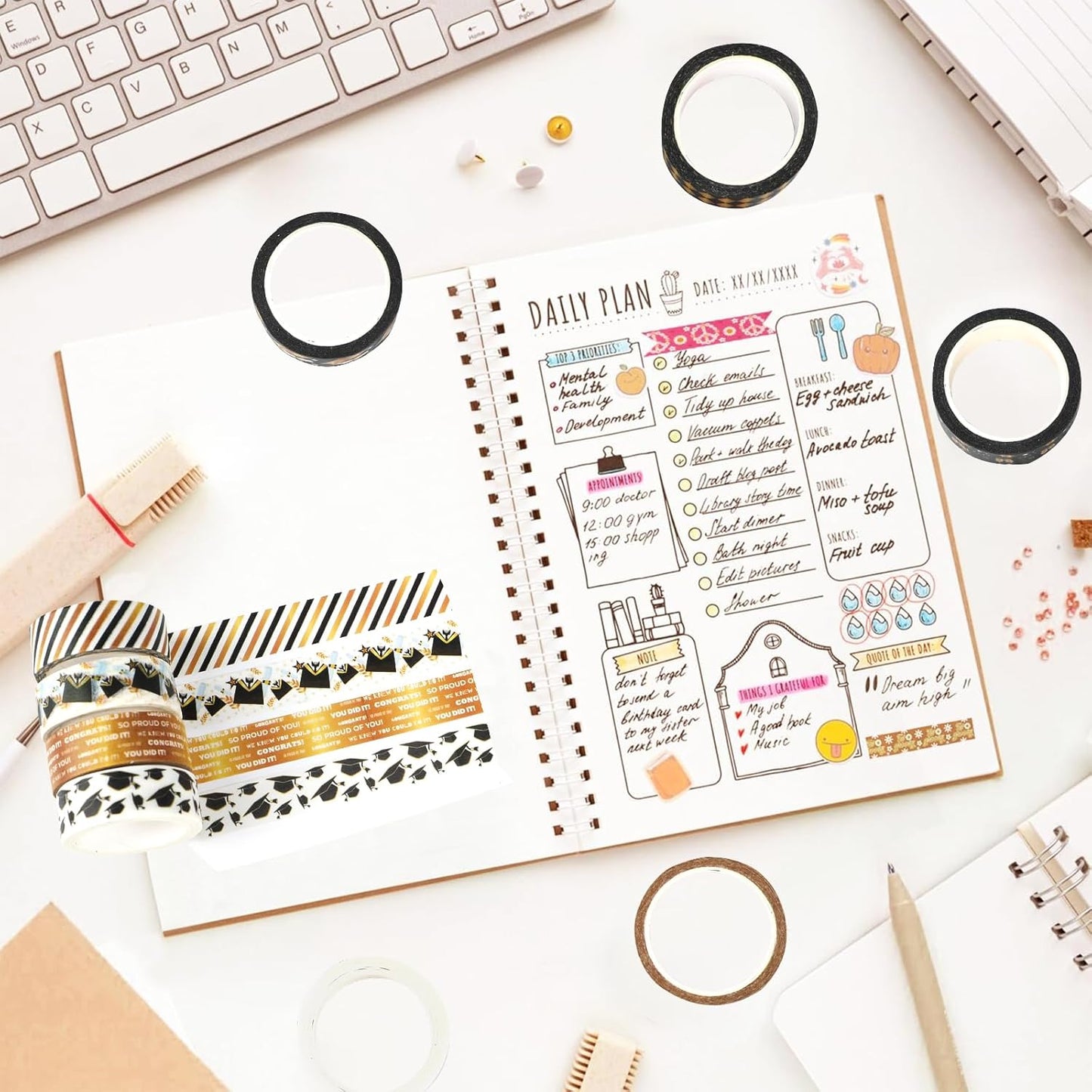 12 Rolls Graduation Washi Tape Set, Gold Foil Congratulations Graduation Masking Tapes, Black Gold Star Grad Cap Decorative Sticker Tape for Graduation Scrapbook DIY Crafts Gift Packaging 16.4FT