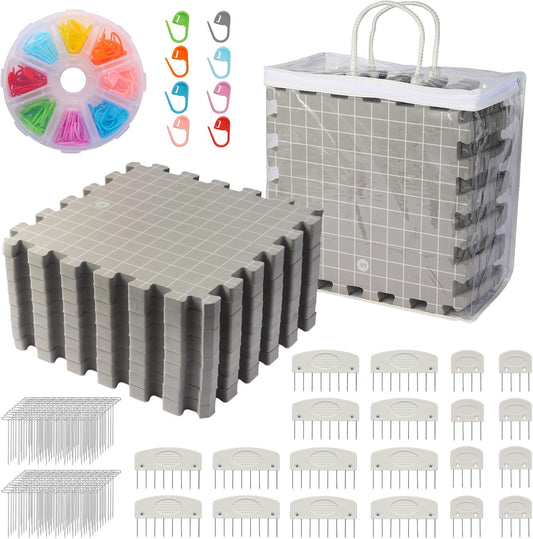 MEVOME Blocking Mats for Knitting with 20pcs Knitting Blockers 200 T-pins 104 Locking Stitch Markers, Extra Thick Block Boards with Grids Storage Bag for Needlepoint Crochet - Pack of 9 (Gray)
