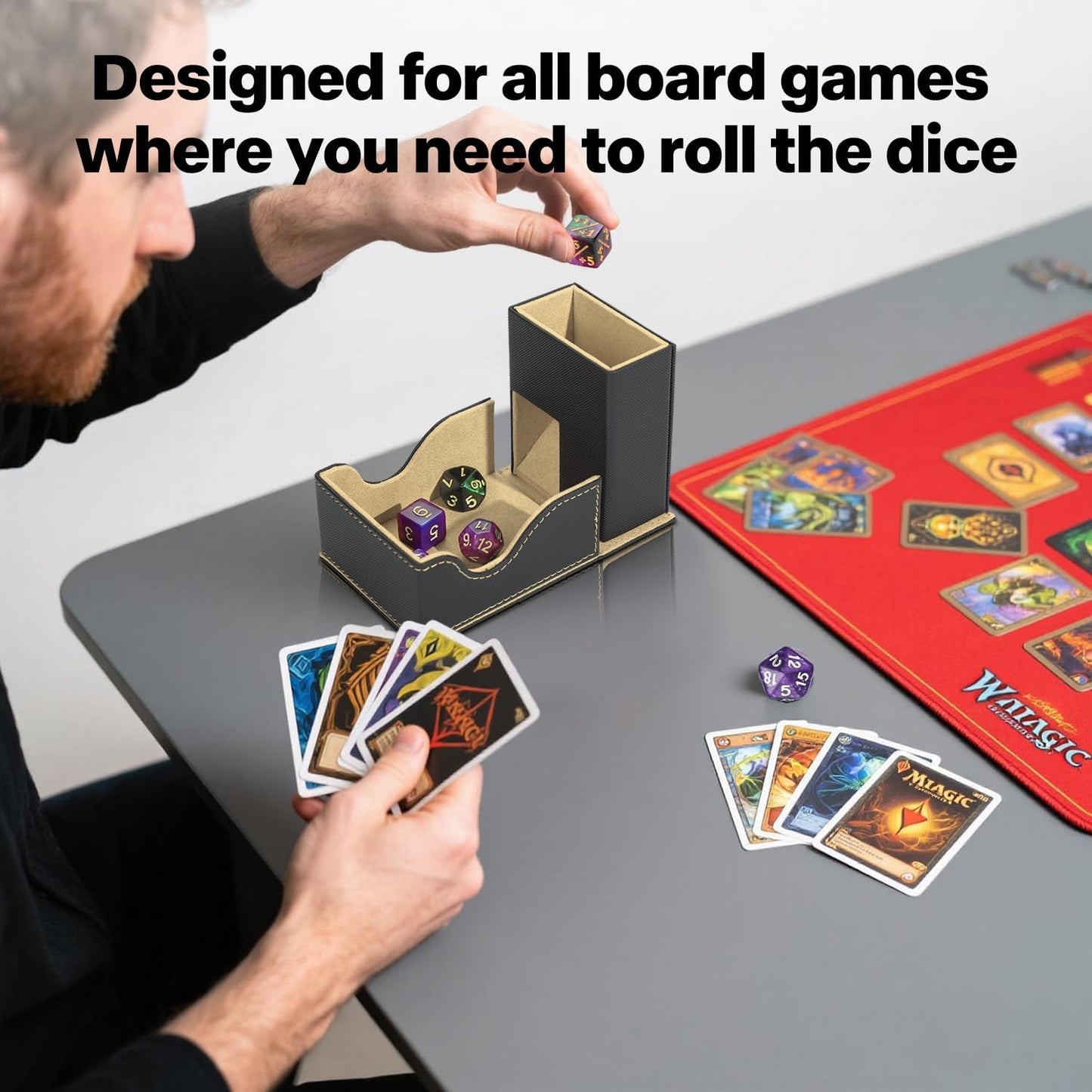 Dice Tower and Tray, Portable Commander Deck Box, Foldable Dice Storage Box for Dungeons and Dragons Rolling Tray Black/Brown