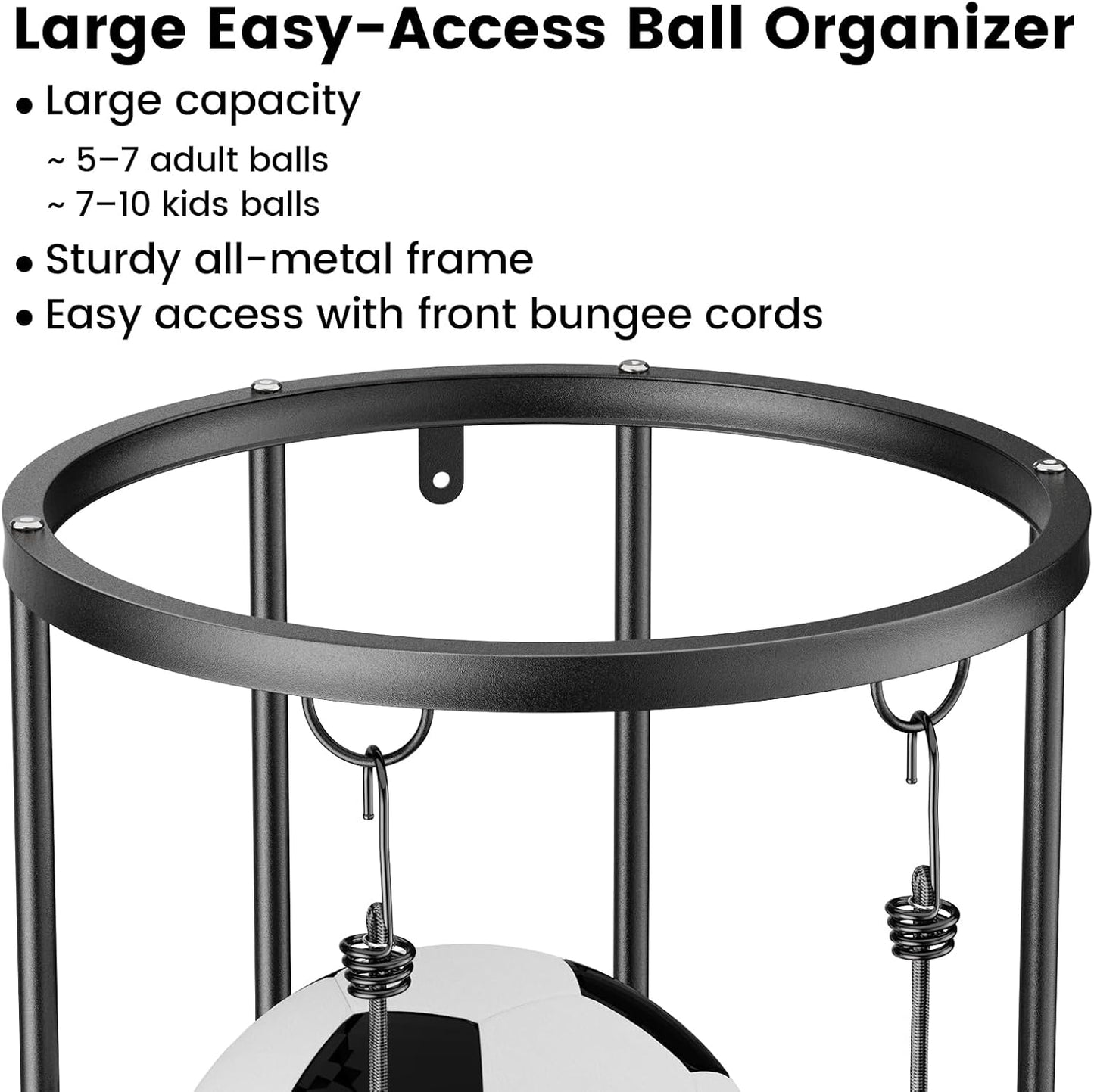 Garage Ball Storage Rack – Freestanding & Wall Mounted Sports Organizer with Elastic Cords Holds 7 Balls – Space Saving Basketball Soccer Football Holder for Home Kids Room