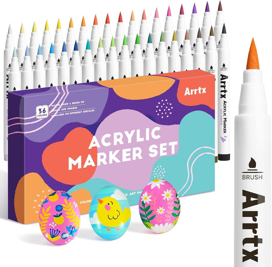 Arrtx 36 Colors Acrylic Marker for Rock Painting, Extra Brush Tip Paint Markers, Art Supplies, Fabric Markers, Waterproof Paint DIY Crafts Making
