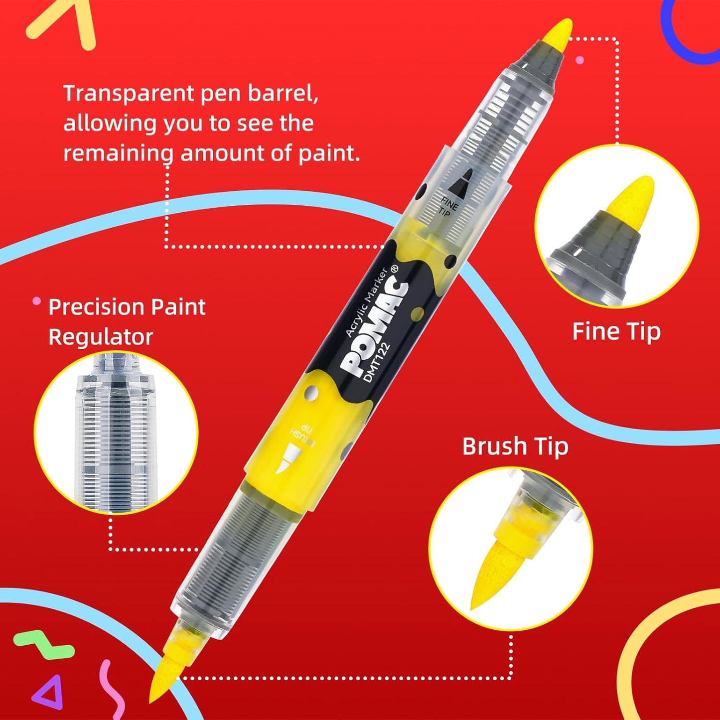 POMAC Dual Tip Acrylic Paint Markers Pens 36 Assorted Colors, Direct Liquid Acrylic Marker with Brush & Fine Tip, Water-Based Paint Marker for Fabric, Canvas, Rock, Glass, Wood, Crafts, Art Supplies