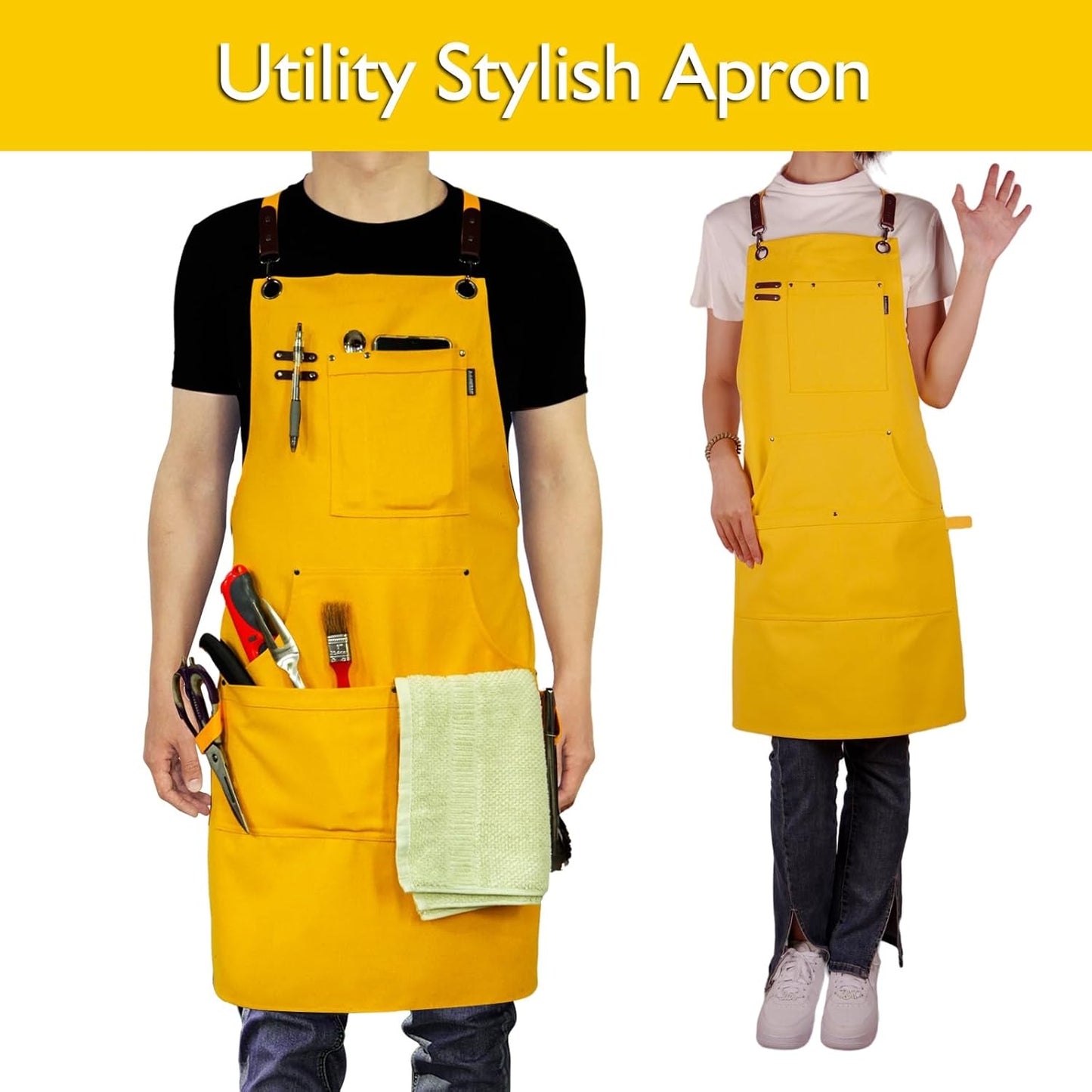 10 Pack Kitchen Aprons, Work Apron, Canvas, Multiple Pockets, Gardening, Painting, BBQ, Artist, Carpenter, Sizes M to XXL, Yellow