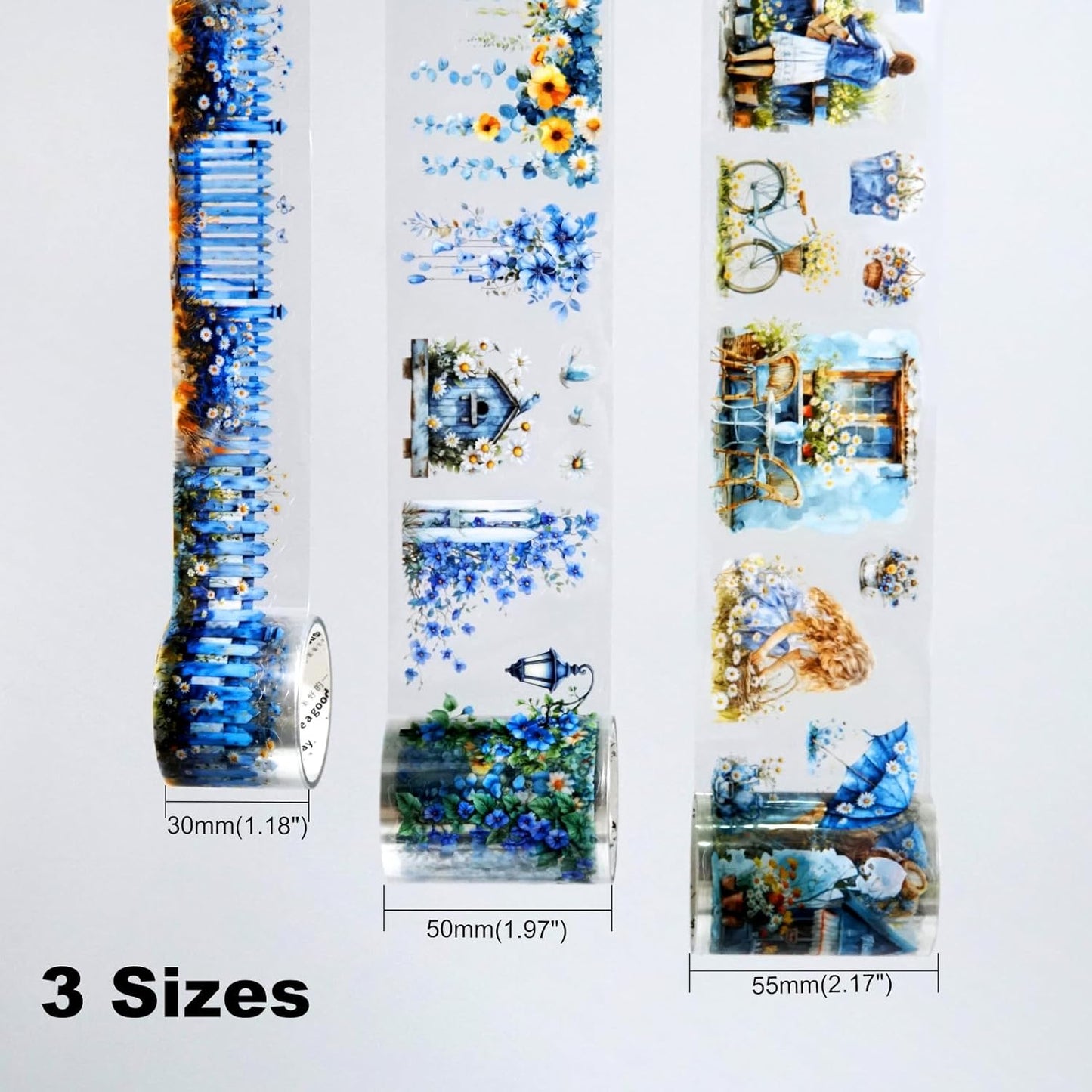 Daisy Fence PET Tape Set, 3 Rolls Pre-Cut Floral Stickers for Scrapbooking, Journaling, DIY Crafts, and Collage Art (30 mm/50 mm/55 mm)