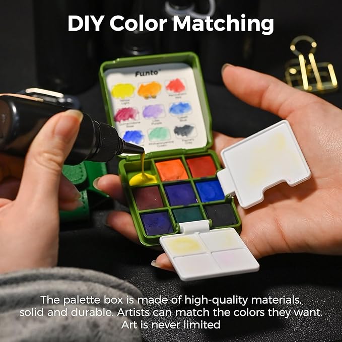 Funto Mini Watercolor Travel Set, Travel Artist Outdoor Sketch Kits with 2 Foldable Palettes, Portable Leather Case and Metal Clip, Kit for Art Lovers