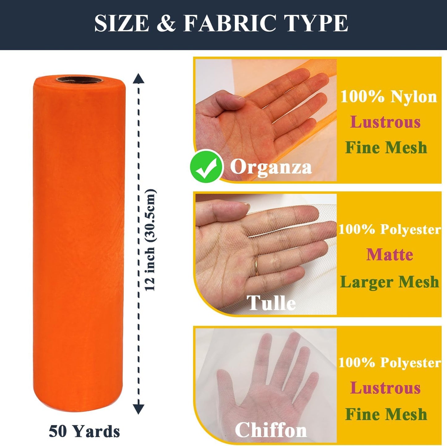 Orange Organza Tulle Fabric Rolls, Crystal Organza 12" by 50 Yards (150 ft) Sheer Nylon Silky Shiny Netting Spool Bolt for DIY Craft Table Runner Wedding Baby Shower Party Decor (Orange)
