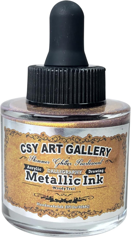 CSY Art GalleryMetallic Acrylic Paint Inks -Gold Calligraphy Ink -Golden Iridescent Pigment for Painting,Drawing,Sketch,Resin,Wood,Ceramic (Woody Trail)