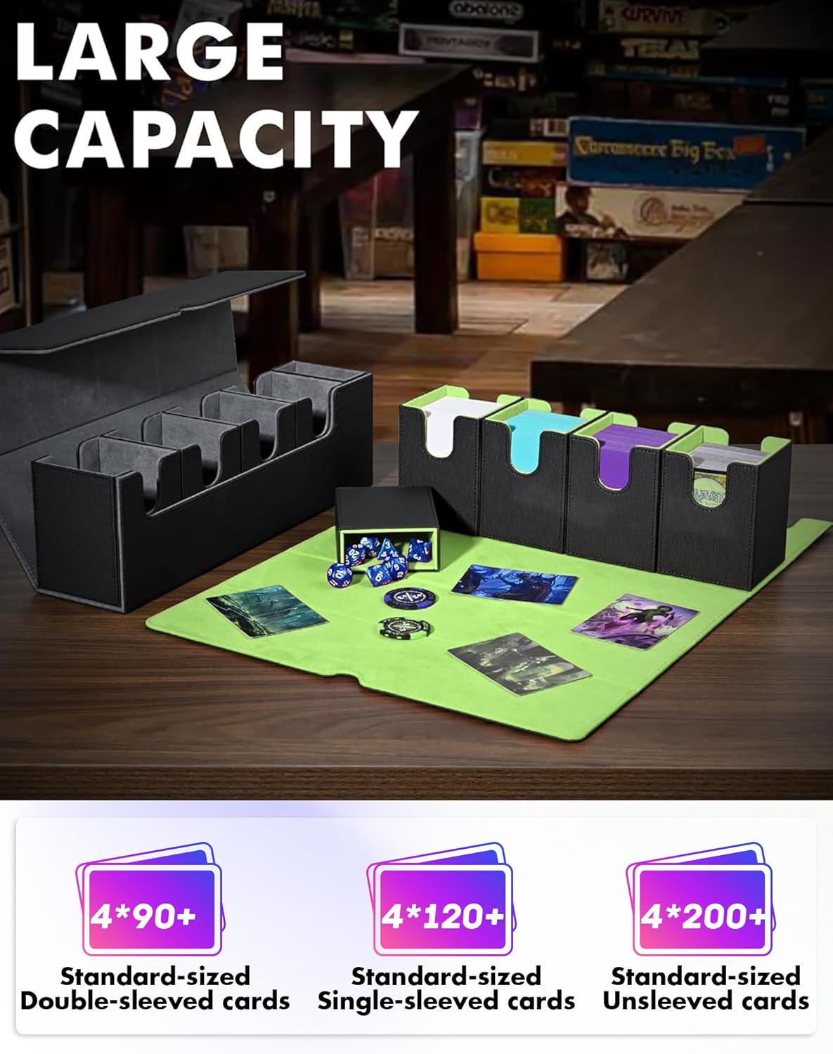 Card Deck Box with Dice Tray for MTG, 5 in 1 Card Deck Case Holds 800+ Unsleeved Cards, Strong Magnet Organizer Compatible with Yugioh TCG Sports (Black Green)