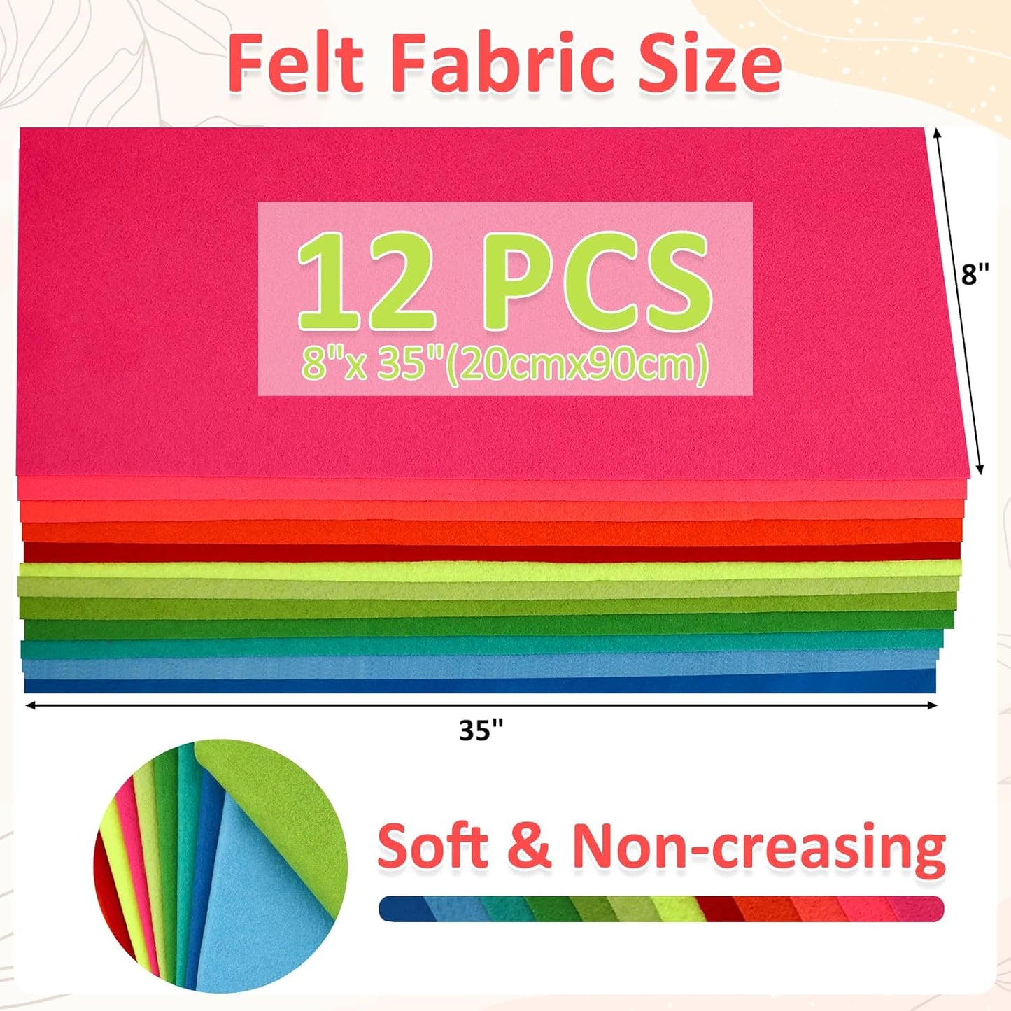 XSEINO 12 Rolls 8"x35"(20.5x90cm) 1.4mm Thick Soft Felt Fabric Sheet 12 Assorted Neon Series Colors Felt Pack for DIY Craft Sewing Squares Nonwoven Patchwork