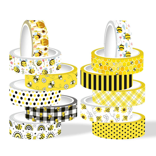 12 Rolls Bee Washi Tape Set, Bumblebee Daisy Masking Tapes, Yellow Black Plaid Polka Dot Decorative Washi Tape for Spring Summer Scrapbook Journal DIY Art Craft Gift Wrapping, 16.4FT