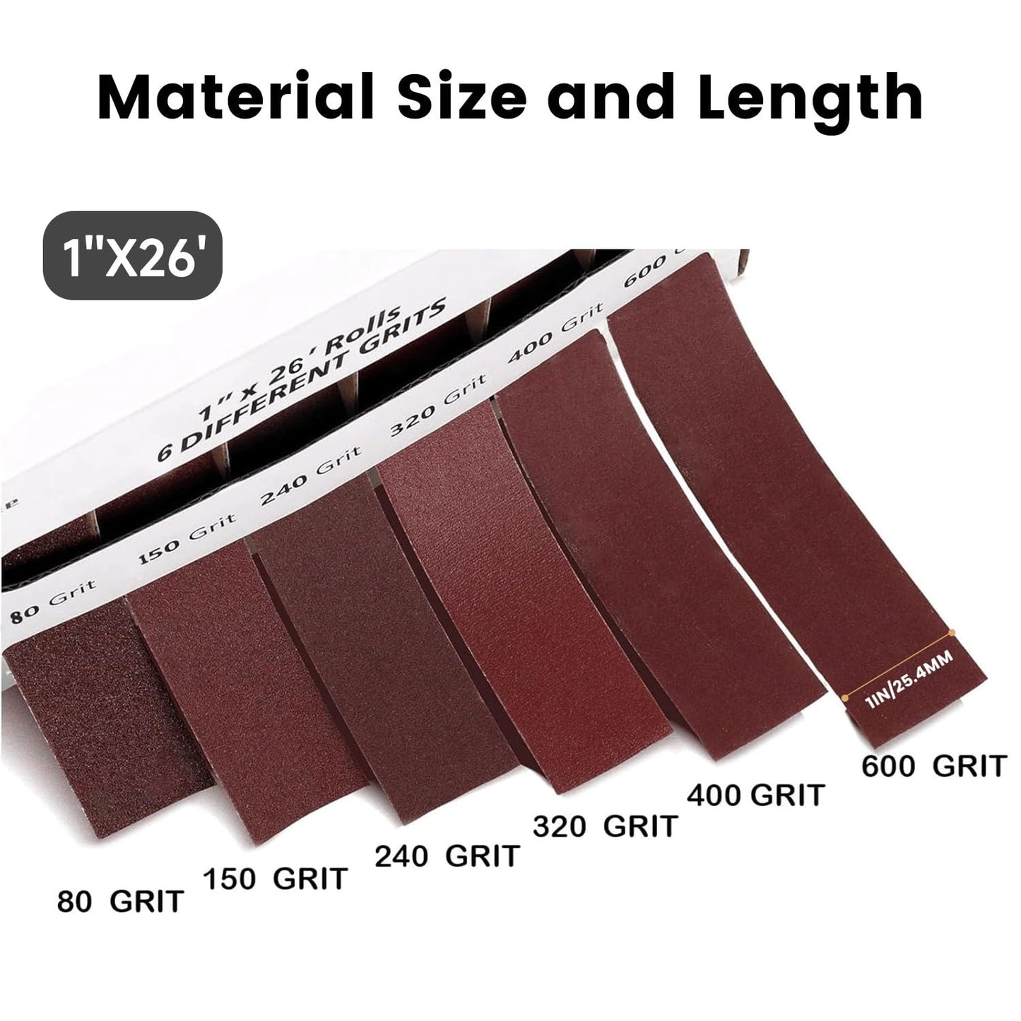 Emery Cloth Roll,6 Grits 1'' x 26FT Sandpaper Roll with Dispenser,80 150 240 320 400 600 Grit Sand Assortment,Sanding Paper Roll & Sandpaper Sheets for Metal Auto Wood Dry&Wet Polishing.(6Rolls 26FT)