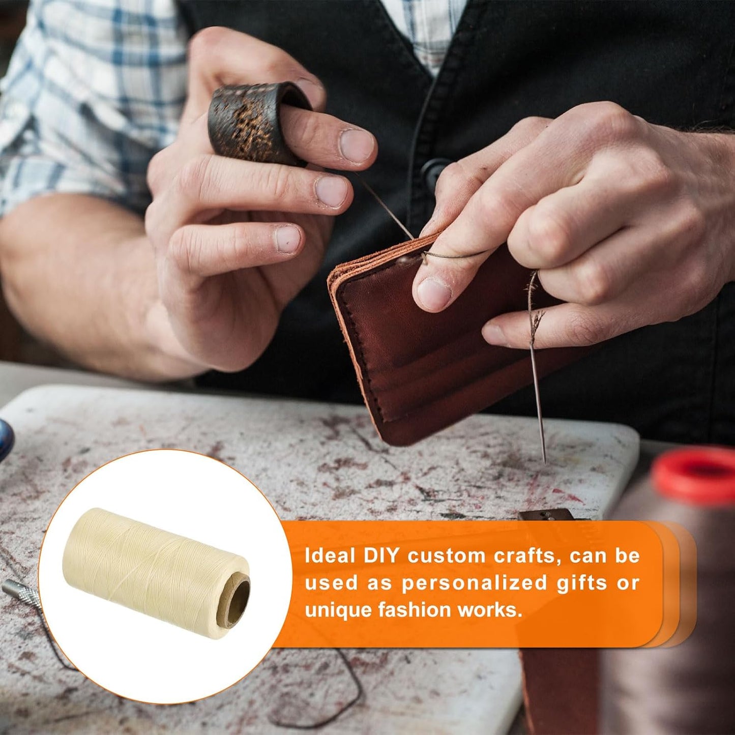 MECCANIXITY Waxed Thread,284 Yard 0.8mm 150D Flat Wax Thread Polyester Waxed String for Leather Sewing Hand Weaving Book Binding Home Decoration,Cream White