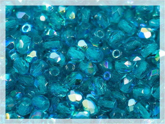 100pcs Faceted Fire Polished Pressed Czech Glass Beads 4mm (0.16in), Aqua Blue AB 60150-27801