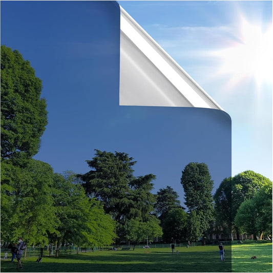 rabbitgoo Window Privacy Film One Way Window Tint for Home, Removable Reflective Heat Sun Blocking Anti UV Glass Door Covering, Mirror Tinting Film House Office, 17.5 in X 13.1 Feet, Blue Silver