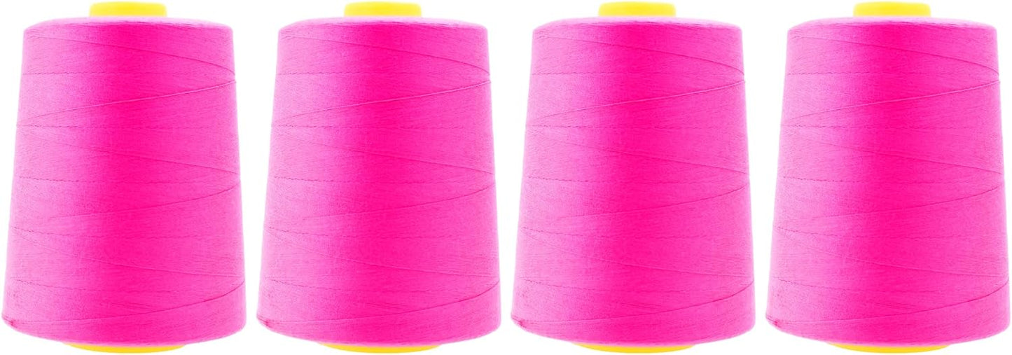 Mandala Crafts 4 Pack of Serger Threads Cones Spools - 20S/2 24000 Yards Polyester Neon Pink Threads for Sergers Machine and Overlock Quilting Sewing Machine