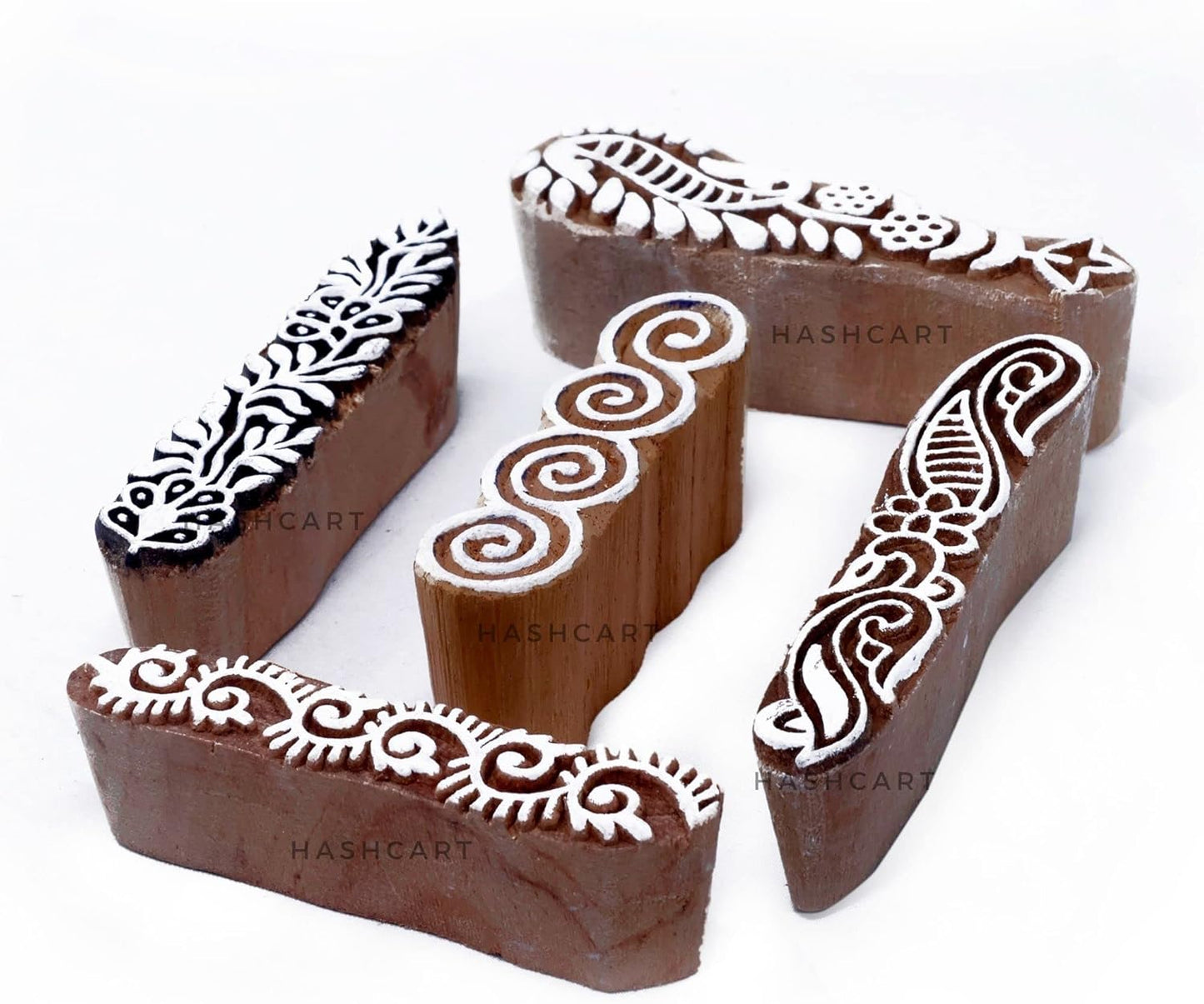 Hashcart | Set of 5 | Finger Shapes Wooden Printing Stamps for Saree Border Heena Clay Kids Art Project, Tattoo Handcarved Indian Textile Printing Blocks