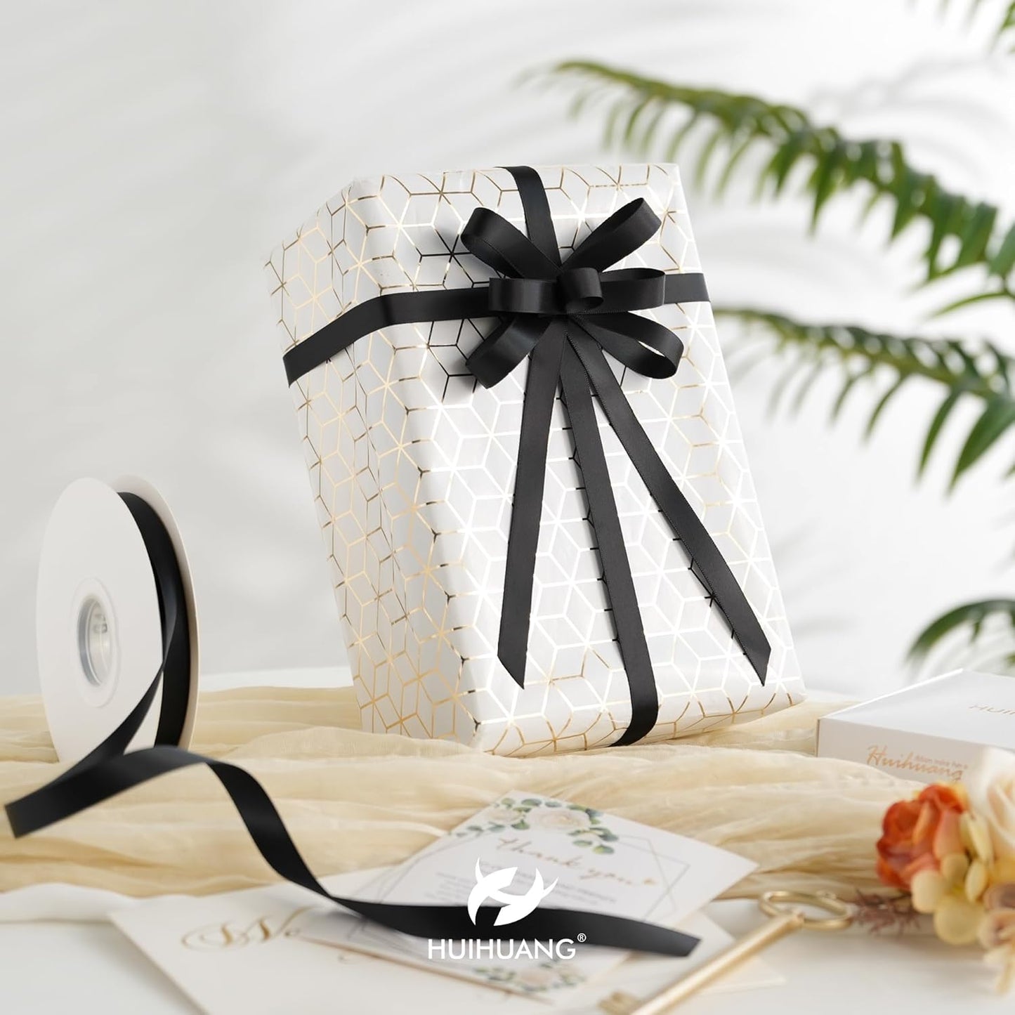 HUIHUANG Black Satin Ribbon 1/2 inch X 50 Yards Continuous, Black Double-Faced Satin Ribbon for Gift Wrapping, Bows, DIY Crafts, Flower Bouquet, Christmas Holiday Decor, Hair Bows