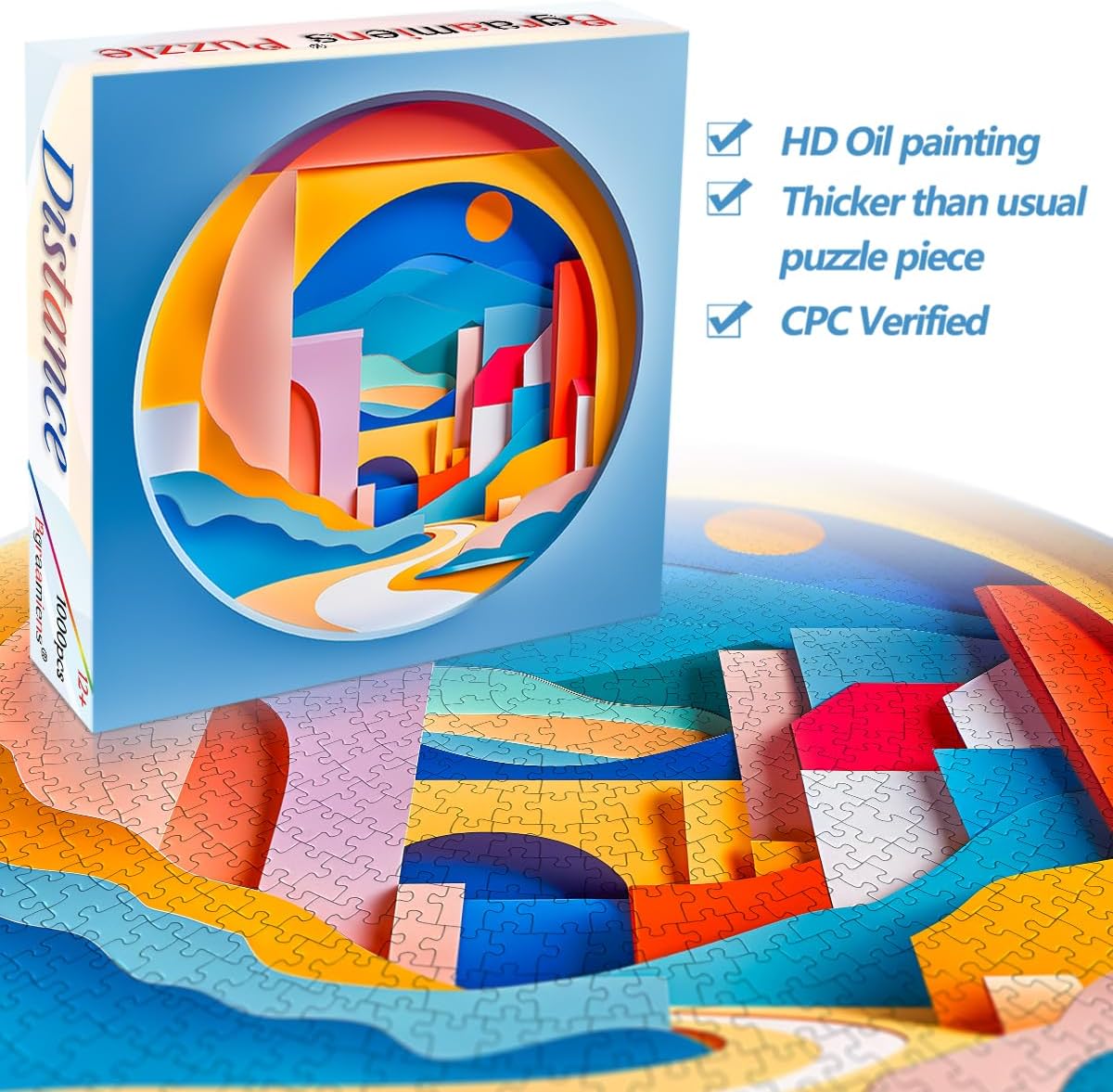 Bgraamiens 3D Visual Sunrise in The Distance 1000 Pieces Round Puzzle for Adult,Unique Modern Art